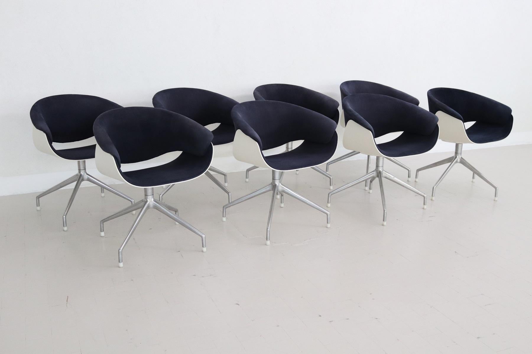 Italian Set of Eight SINA Swivel Chairs in Blue Fabric for B&B Italia 12