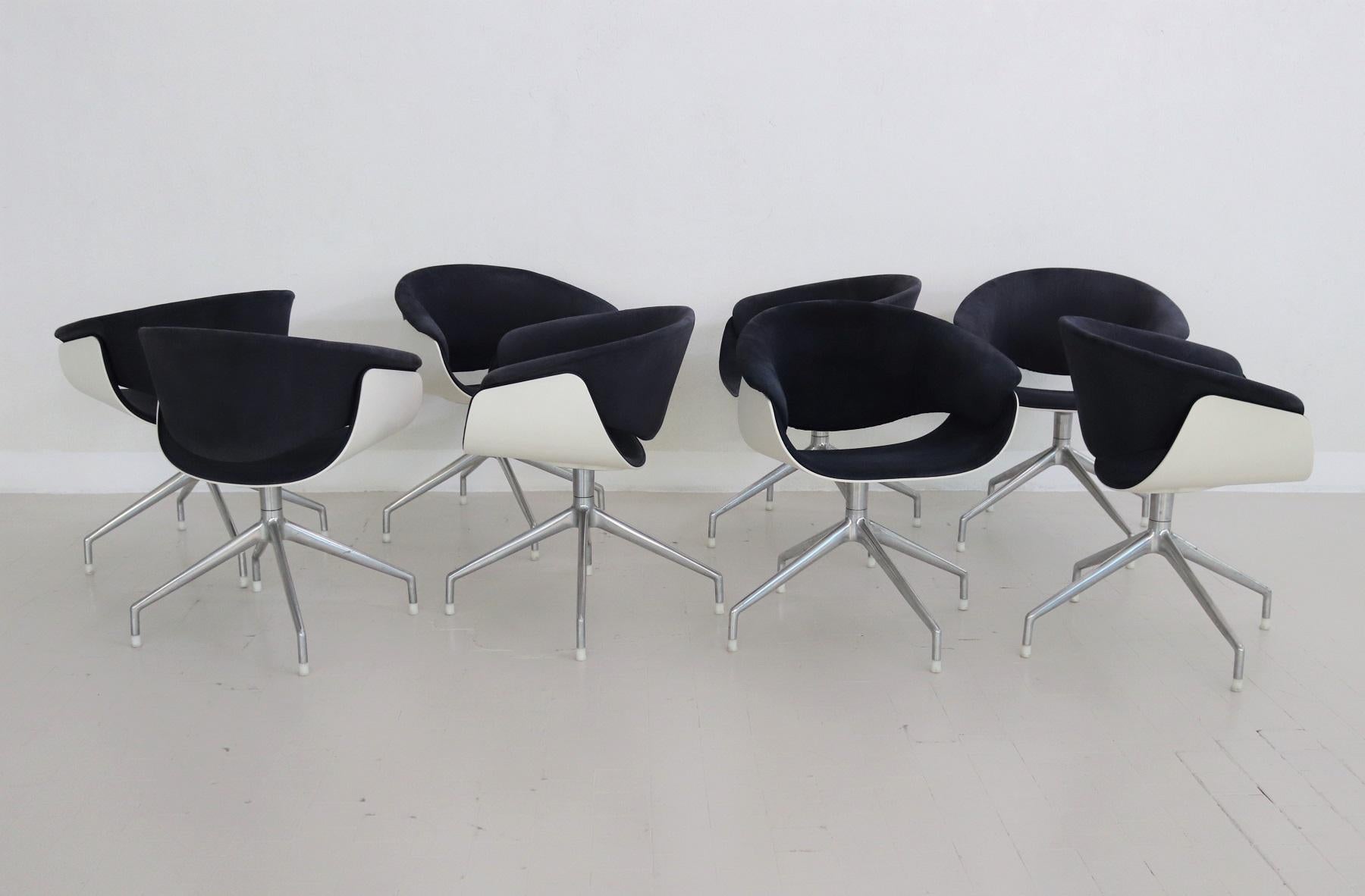 Contemporary Italian Set of Eight SINA Swivel Chairs in Blue Fabric for B&B Italia