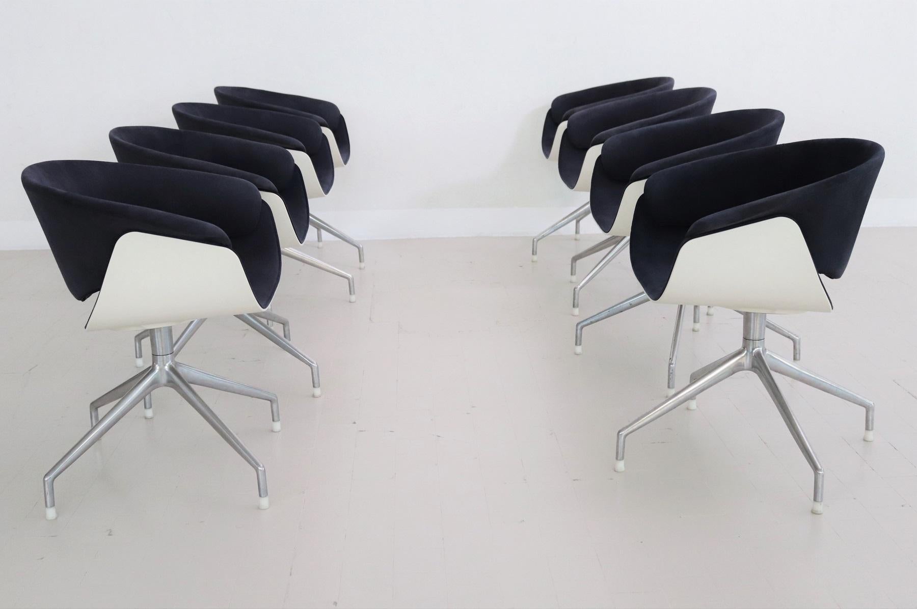 Aluminum Italian Set of Eight SINA Swivel Chairs in Blue Fabric for B&B Italia