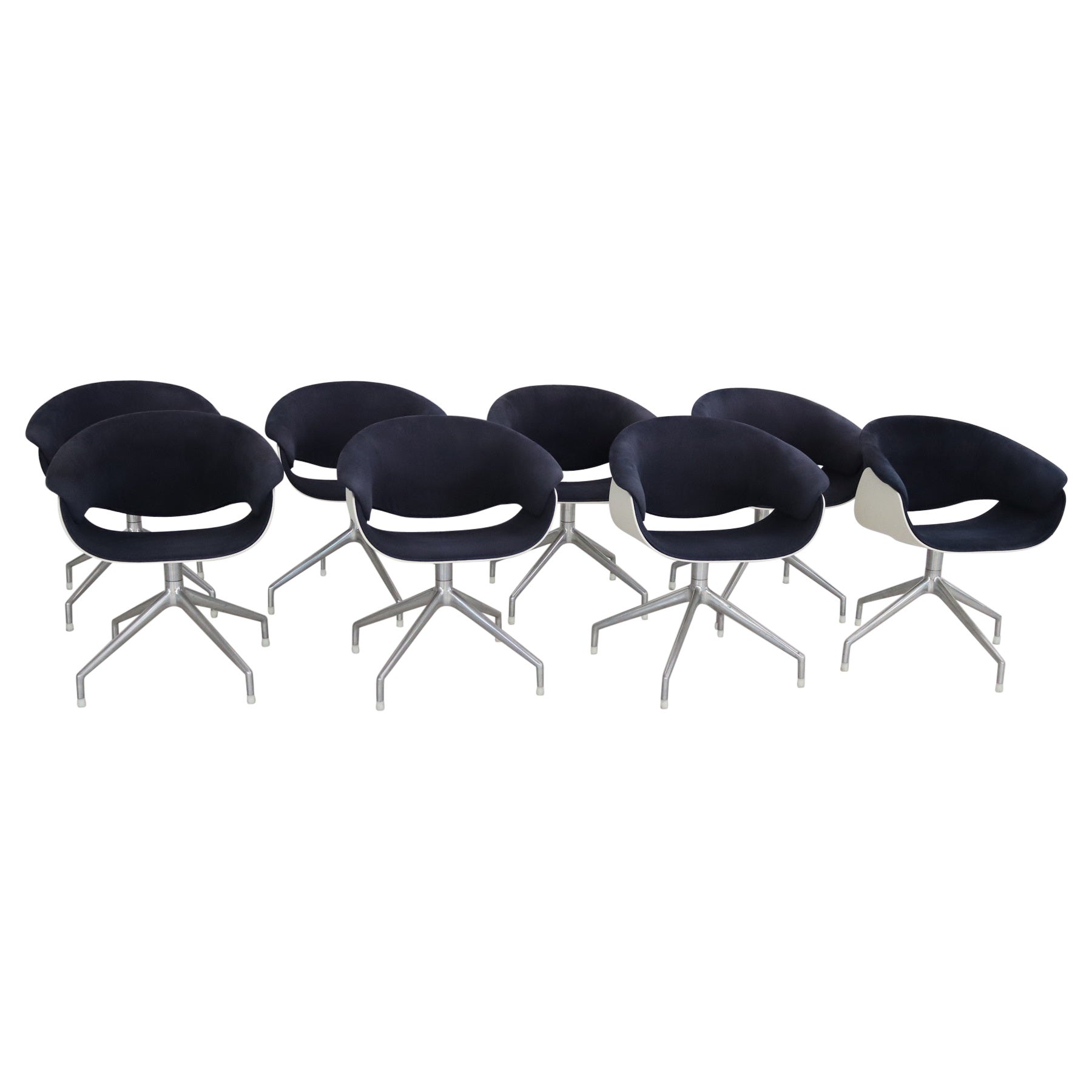 Italian Set of Eight SINA Swivel Chairs in Blue Fabric for B&B Italia