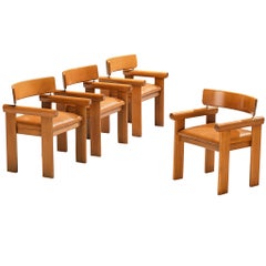 Italian Set of Four Architectural Armchairs in Cognac Leather