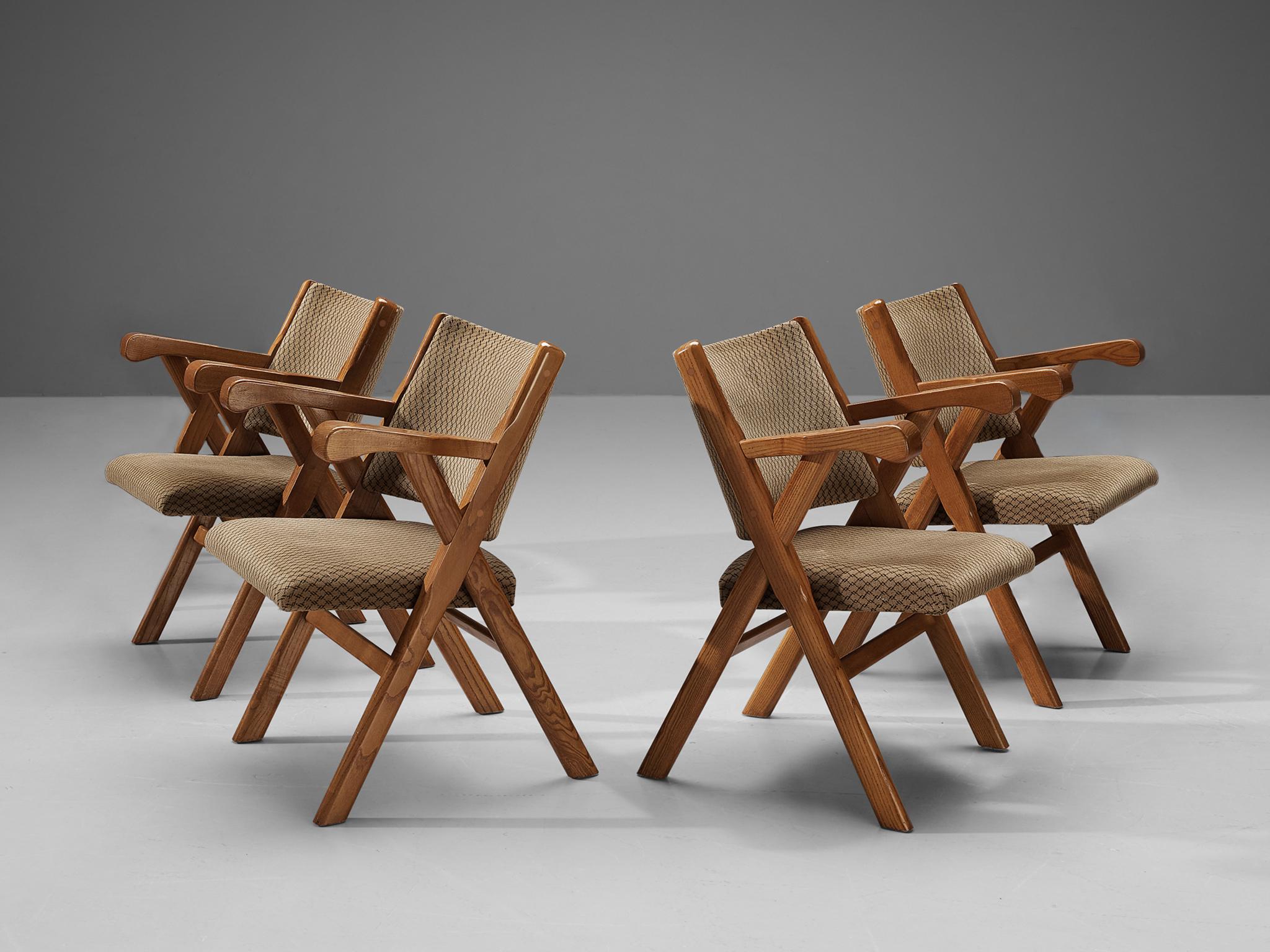 Mid-20th Century Italian Set of Four Armchairs in Ash and Fabric