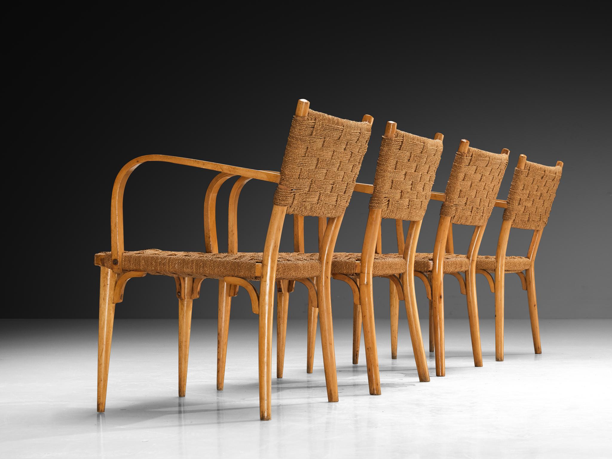 Mid-20th Century Italian Set of Four Armchairs in Braided Straw and Blonde Wood For Sale