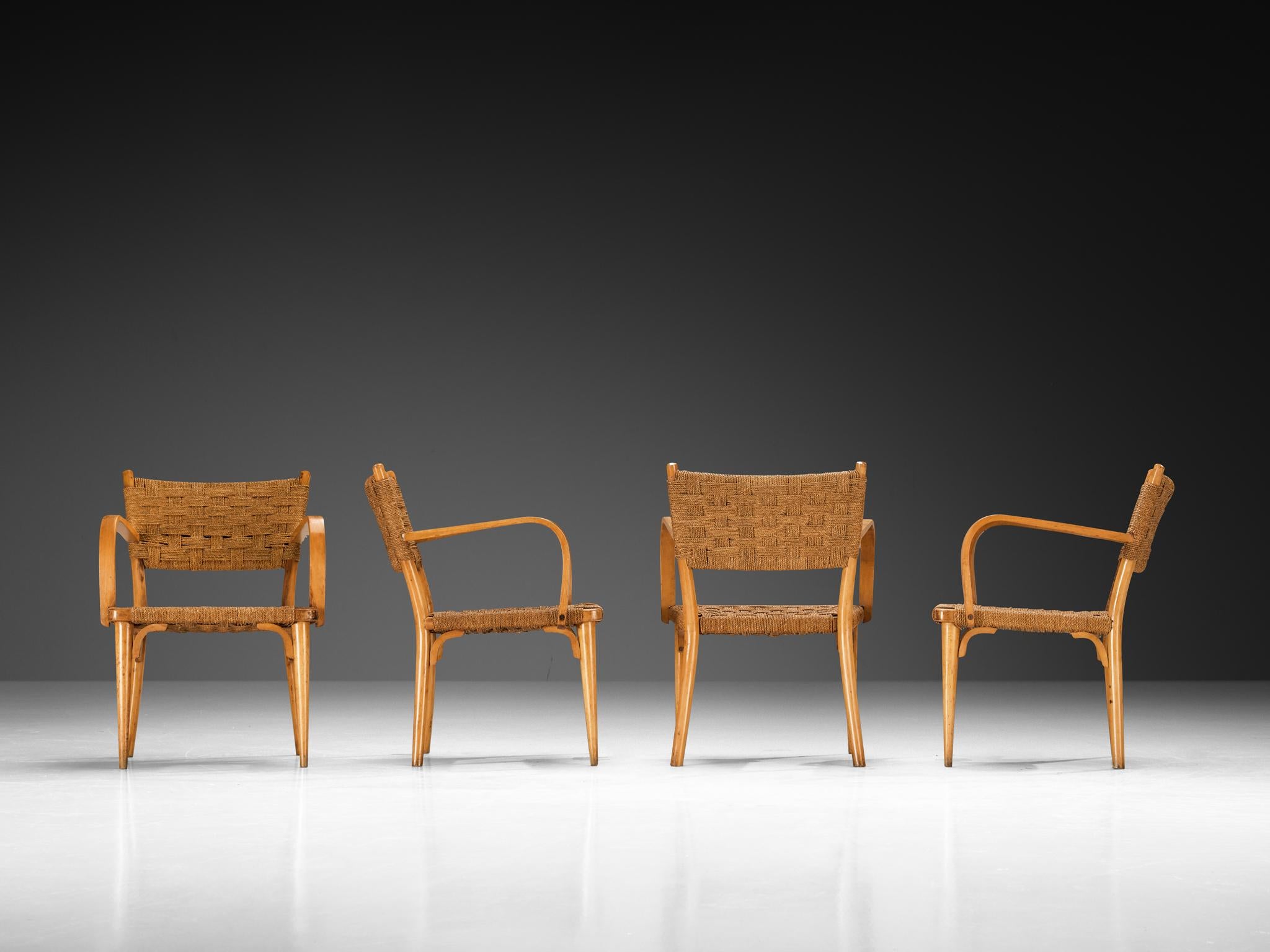 Italian Set of Four Armchairs in Braided Straw and Blonde Wood For Sale 1