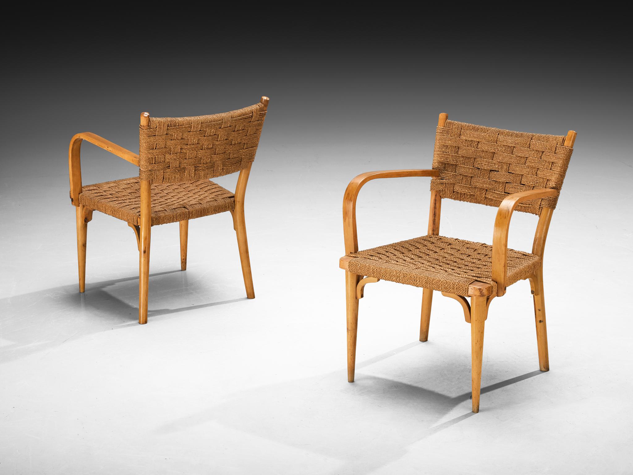 Italian Set of Four Armchairs in Braided Straw and Blonde Wood For Sale 2