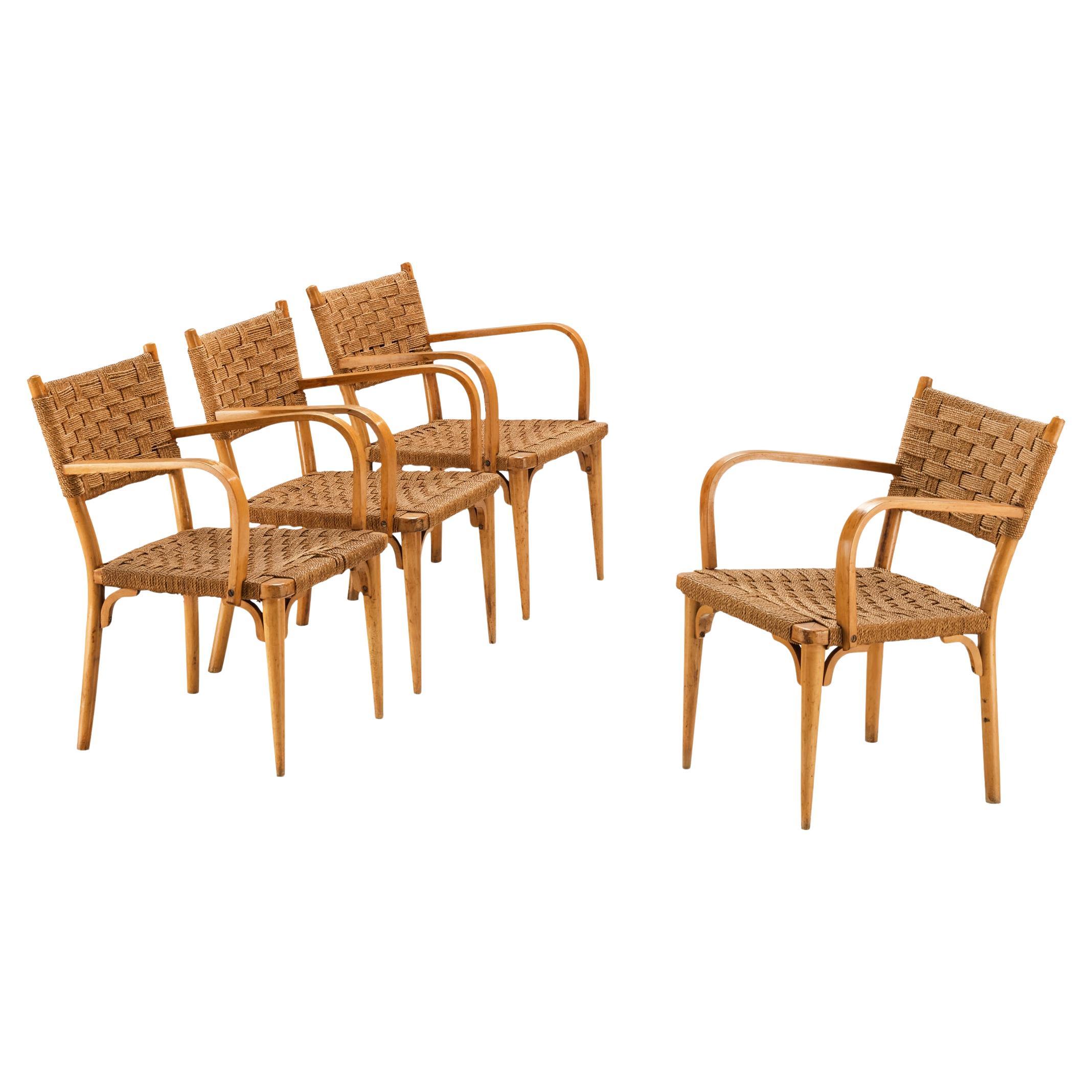 Italian Set of Four Armchairs in Braided Straw and Blonde Wood For Sale