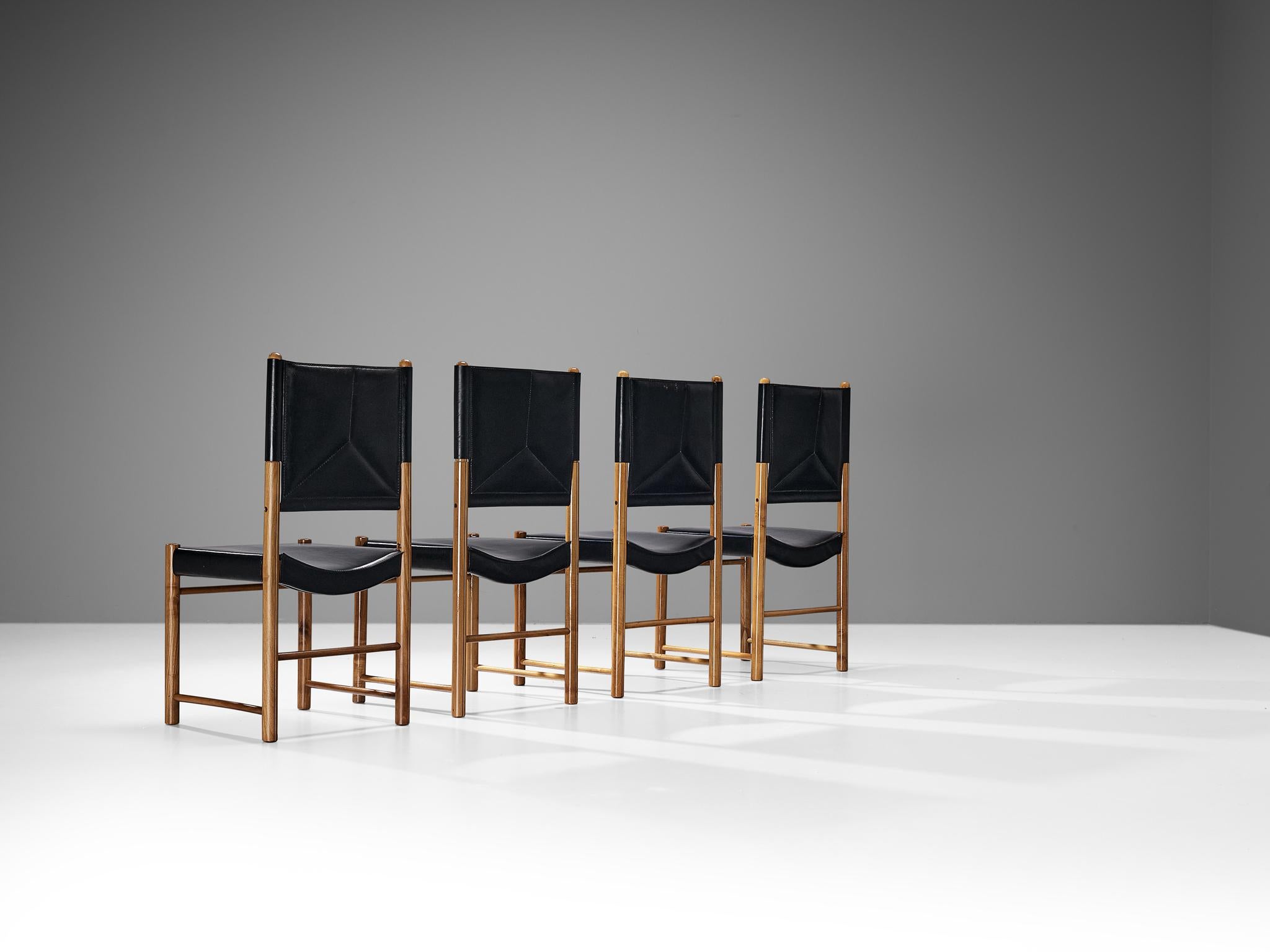 Italian Set of Four Dining Chairs in Black Leather and Walnut  For Sale 2