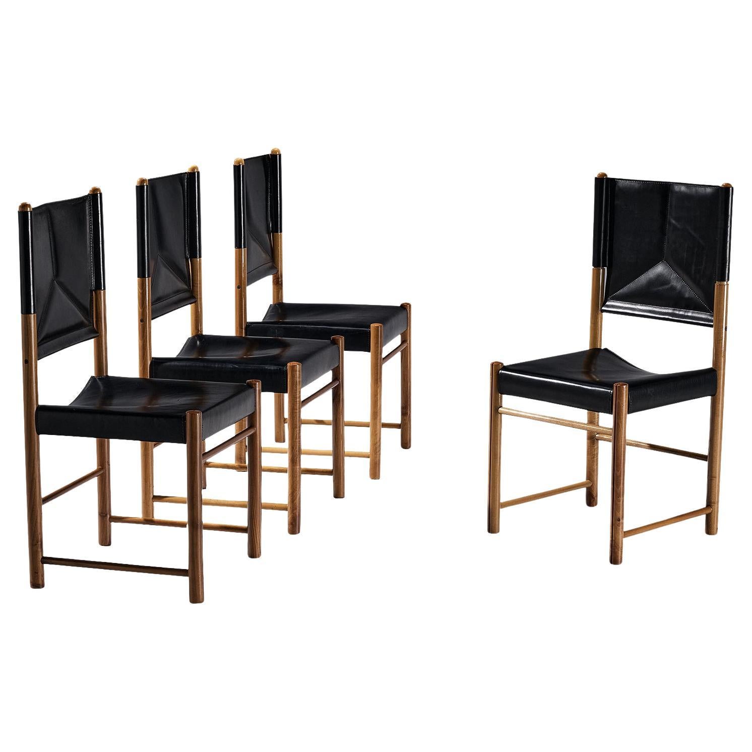 Italian Set of Four Dining Chairs in Black Leather and Walnut  For Sale