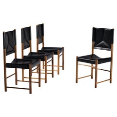 Italian Set of Four Dining Chairs in Black Leather and Walnut 