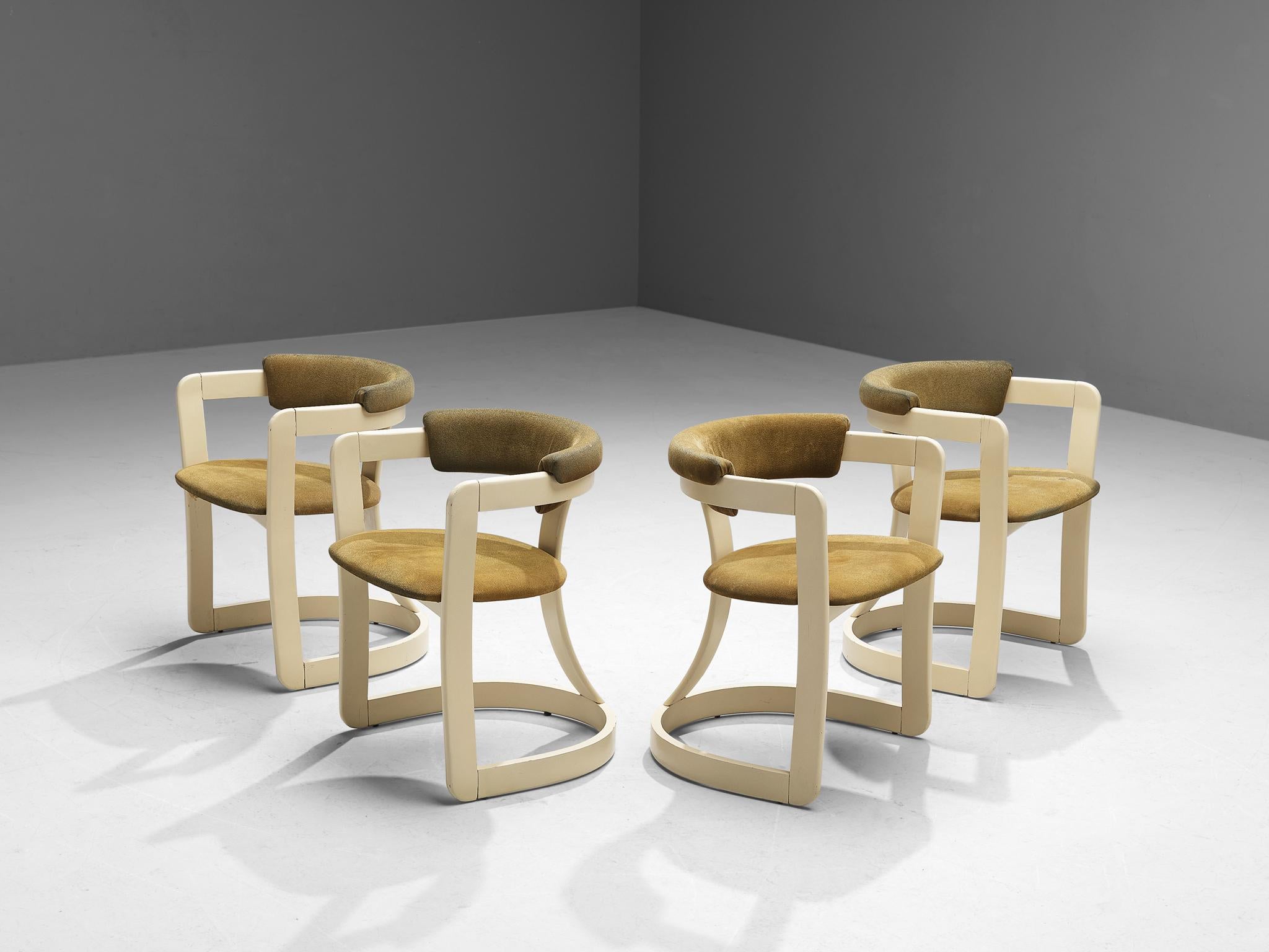 Set of four dining chairs, alcantara, lacquered wood, Italy, 1970s

These armchairs embrace the aesthetic sense of the 'Pamplona' chairs designed by Augusto Savini for Pozzi. This design is based on solely round shapes. The curved shape of the back