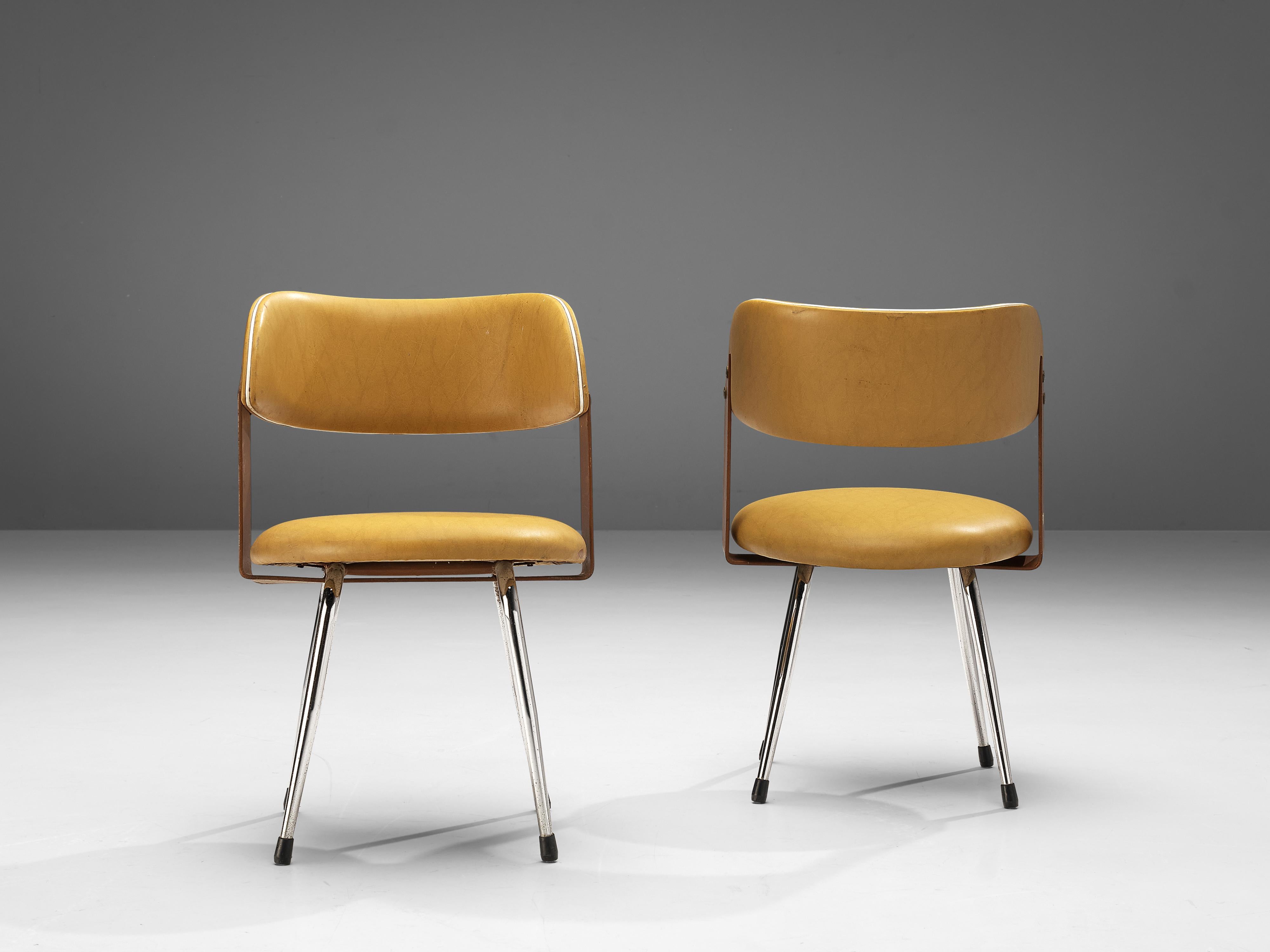Italian Dining Chairs in Steel and Ocher Yellow Leatherette For Sale 3