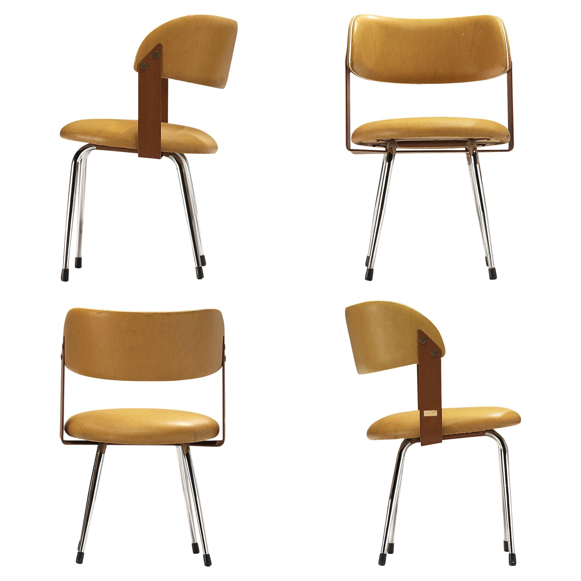 Italian Dining Chairs in Steel and Ocher Yellow Leatherette For Sale
