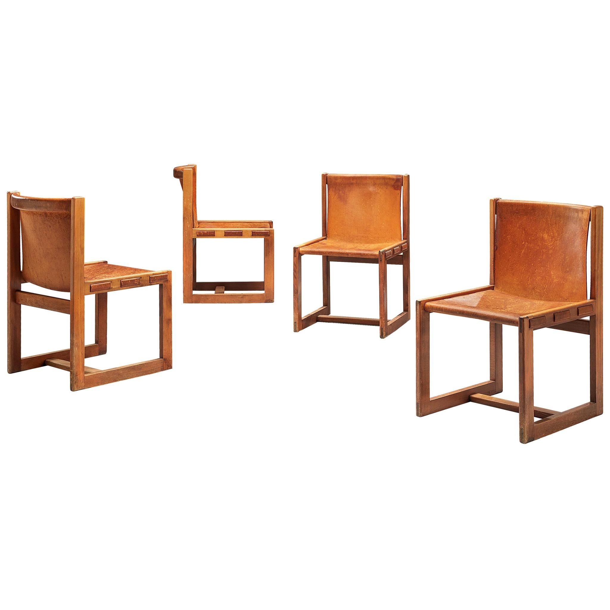 Italian Set of Four Dining Chairs in Patinated Cognac Leather