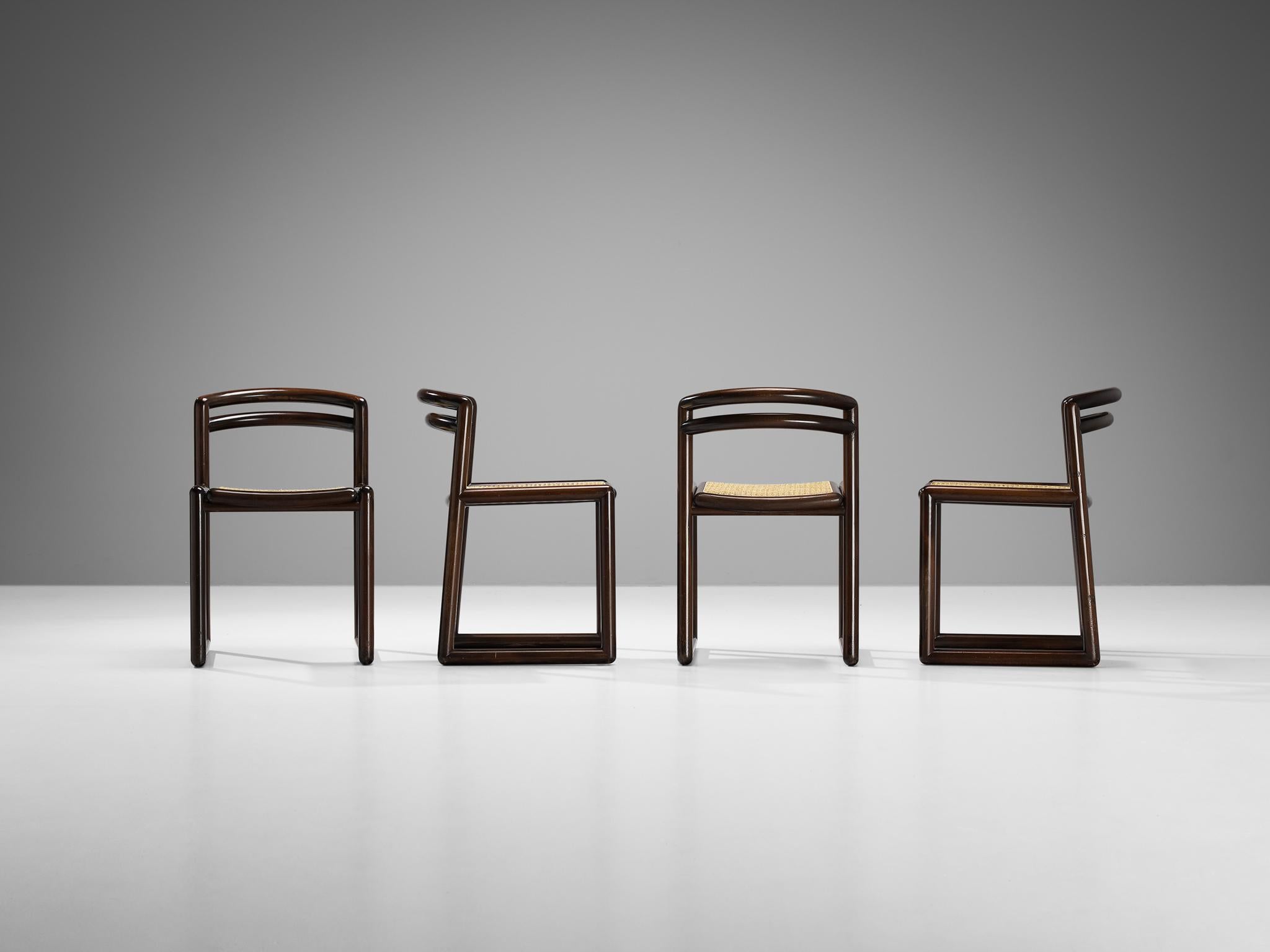 Late 20th Century Italian Set of Four Dining Chairs in Stained Wood and Cane For Sale