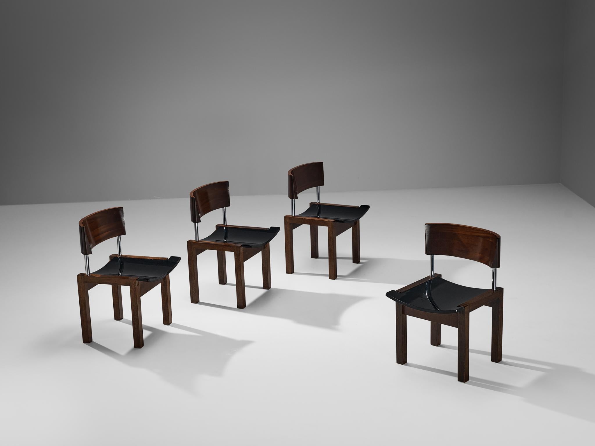 Set of four dining chairs, black lacquered wood, wood, Italy, 1970s

Set of four dining chairs with interesting features, made in Italy in the 1970s. This design is unusual and special to come by, because of the shape and mix of materials used to