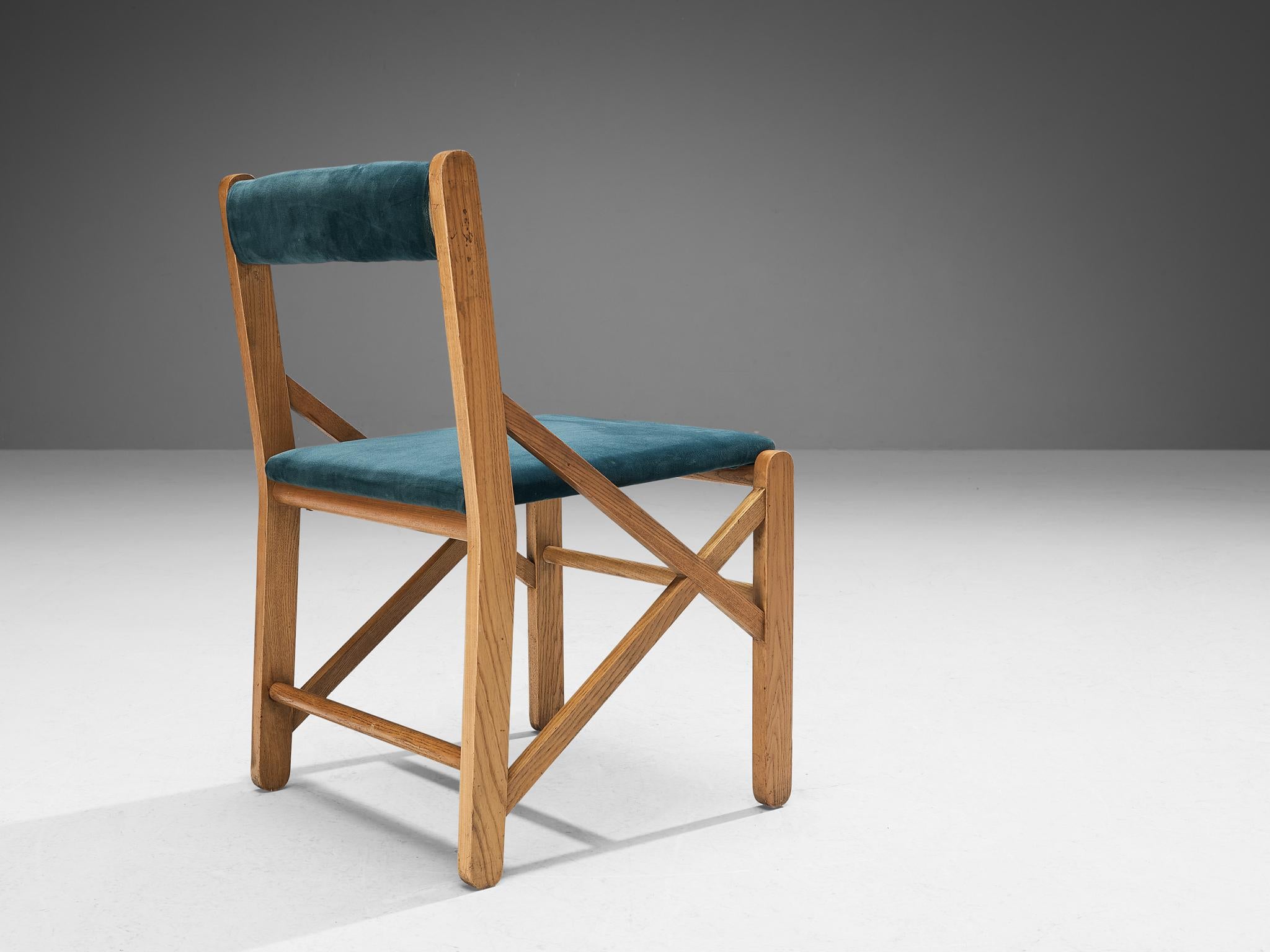 Velvet Italian Set of Four Dining Chairs With Structural Frames in Oak
