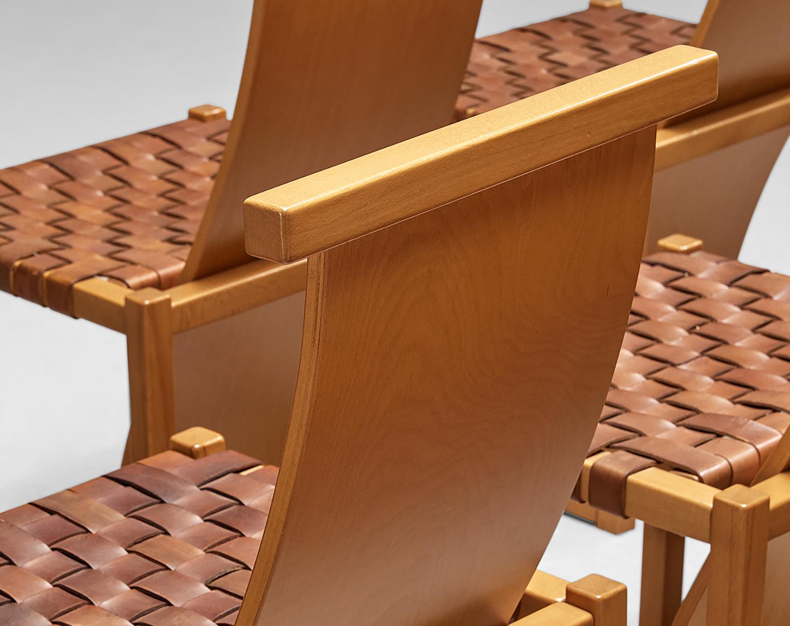 Late 20th Century Italian Set of Four Dining Chairs with Woven Leather Seats