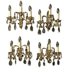 Italian Set of Four Gilded and Crystal Triple Arm Antique Wall Lights