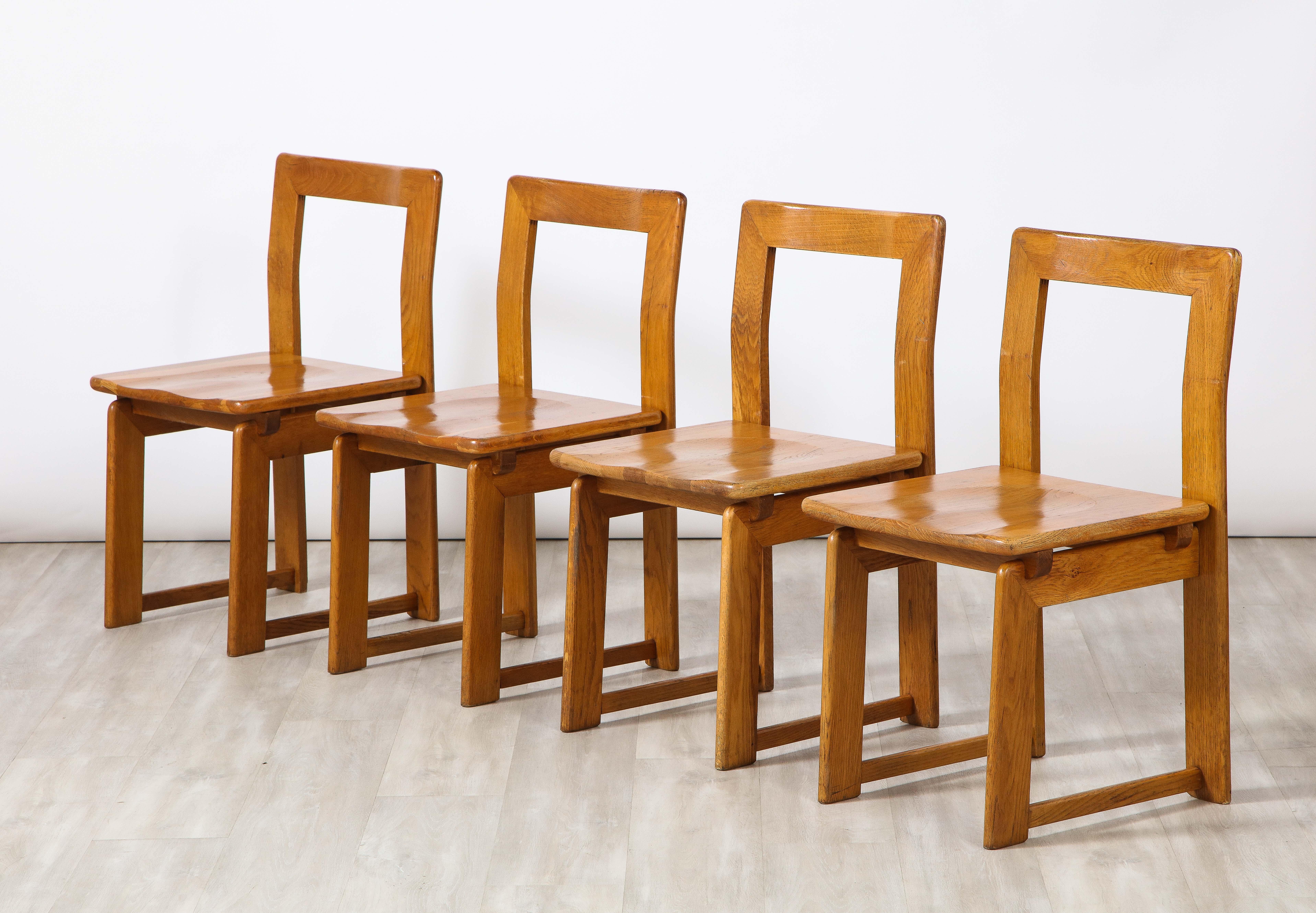 Hand-Carved Italian Set of Four Rustic Oak Dining Chairs  For Sale