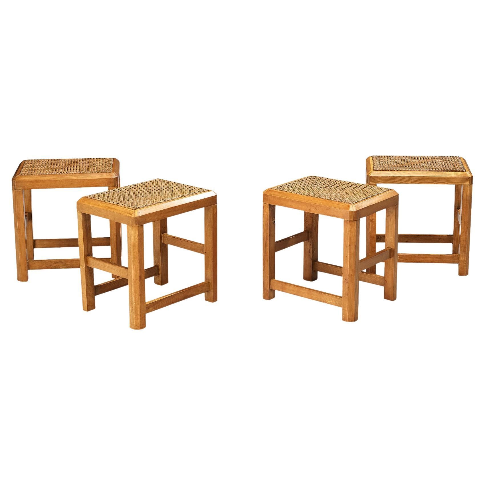 Italian Set of Four Stools in Cane and Wood
