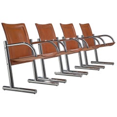 Italian Set of Four Tubular Chairs with Cognac Leather