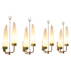 Italian Set of Four Wall Lights in Opaline Glass and Brass 