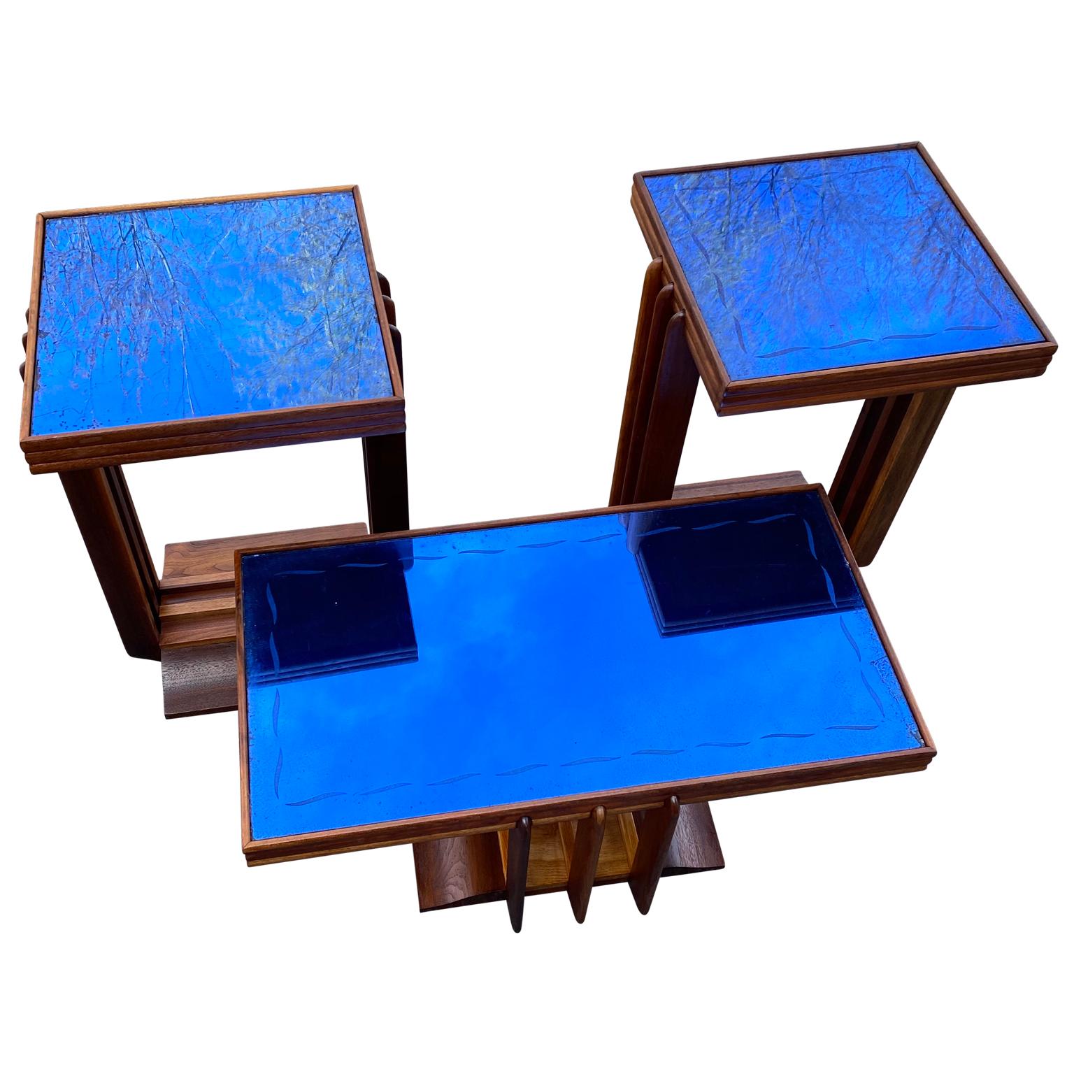 blue glass tables