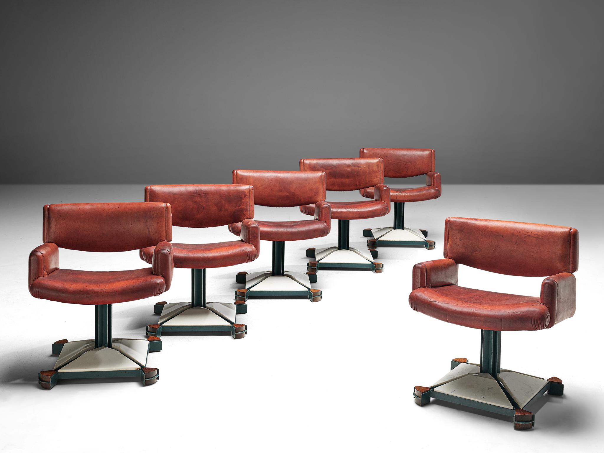 Set of six armchairs, marble, lacquered iron, leather, walnut, Italy, 1970s.

Striking set of six conference or dining chairs, each exuding a postmodern charm that seamlessly blends boldness with elegance. The design captivates with its striking