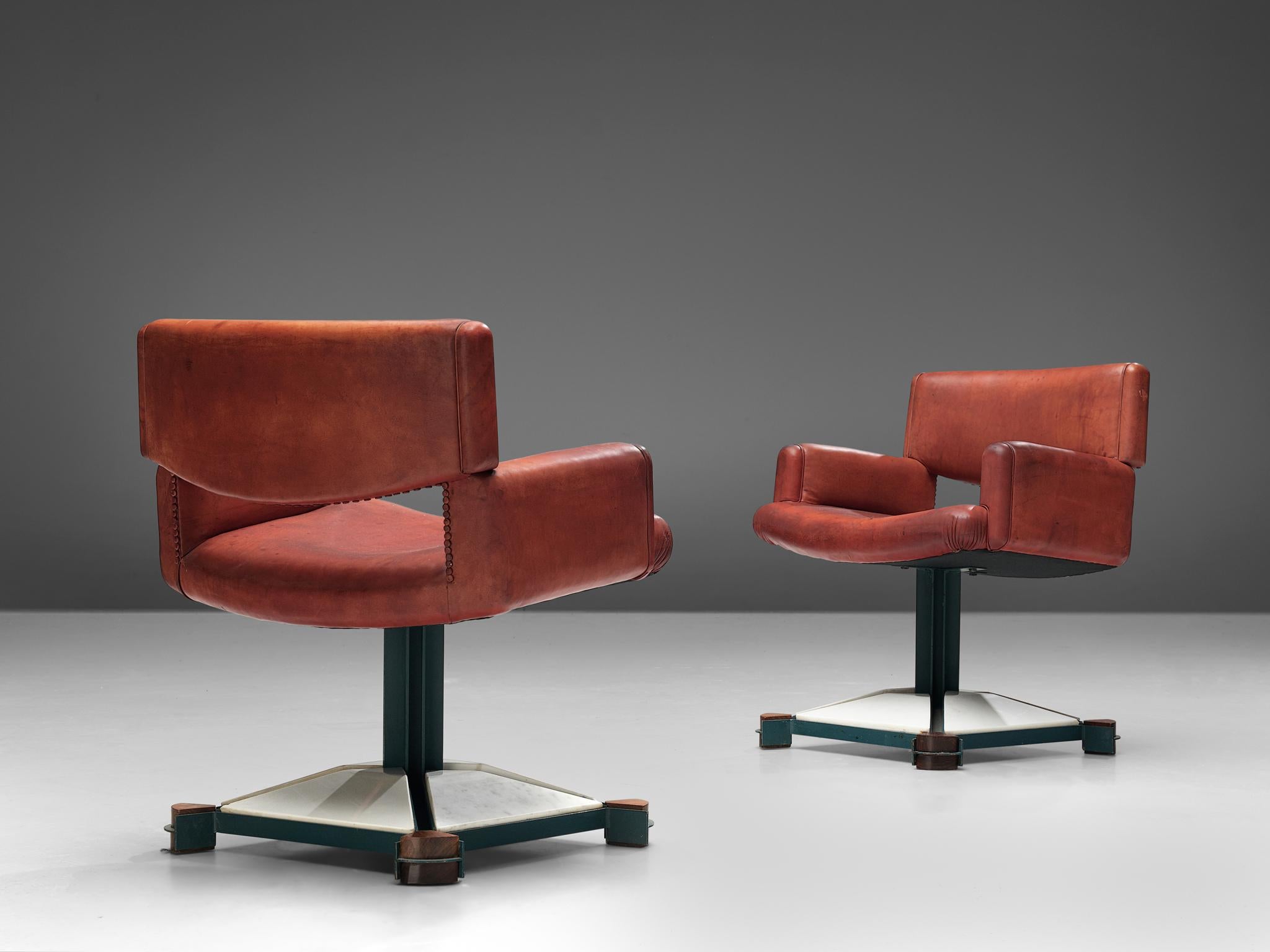 Post-Modern Italian Set of Six Armchairs in Marble and Red Leather For Sale