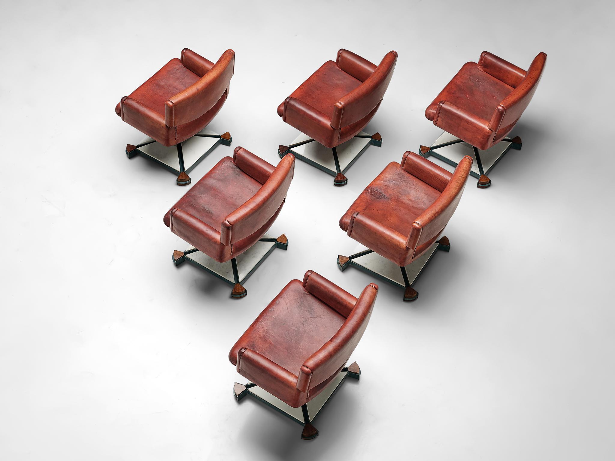 Italian Set of Six Armchairs in Marble and Red Leather For Sale 1