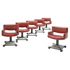 Italian Set of Six Armchairs in Marble and Red Leather