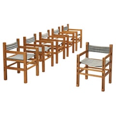 Italian Set of Six Armchairs in Pine with Light Blue Laced Backrest