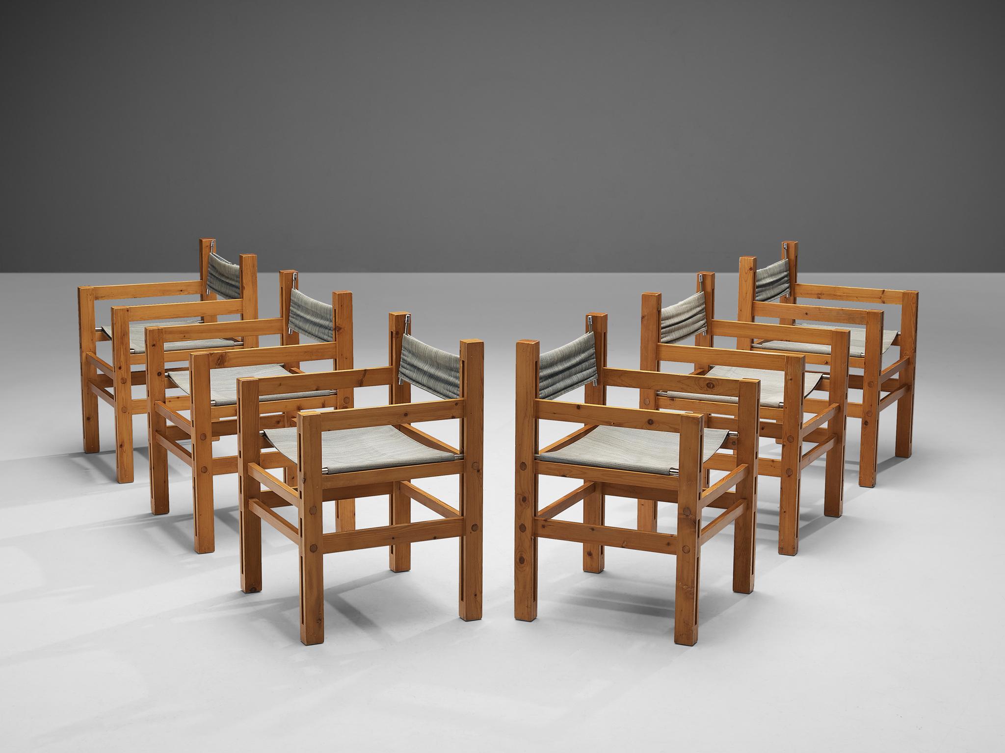 Italian Set of Six Armchairs in Pine with Light Blue Laced Backrest For