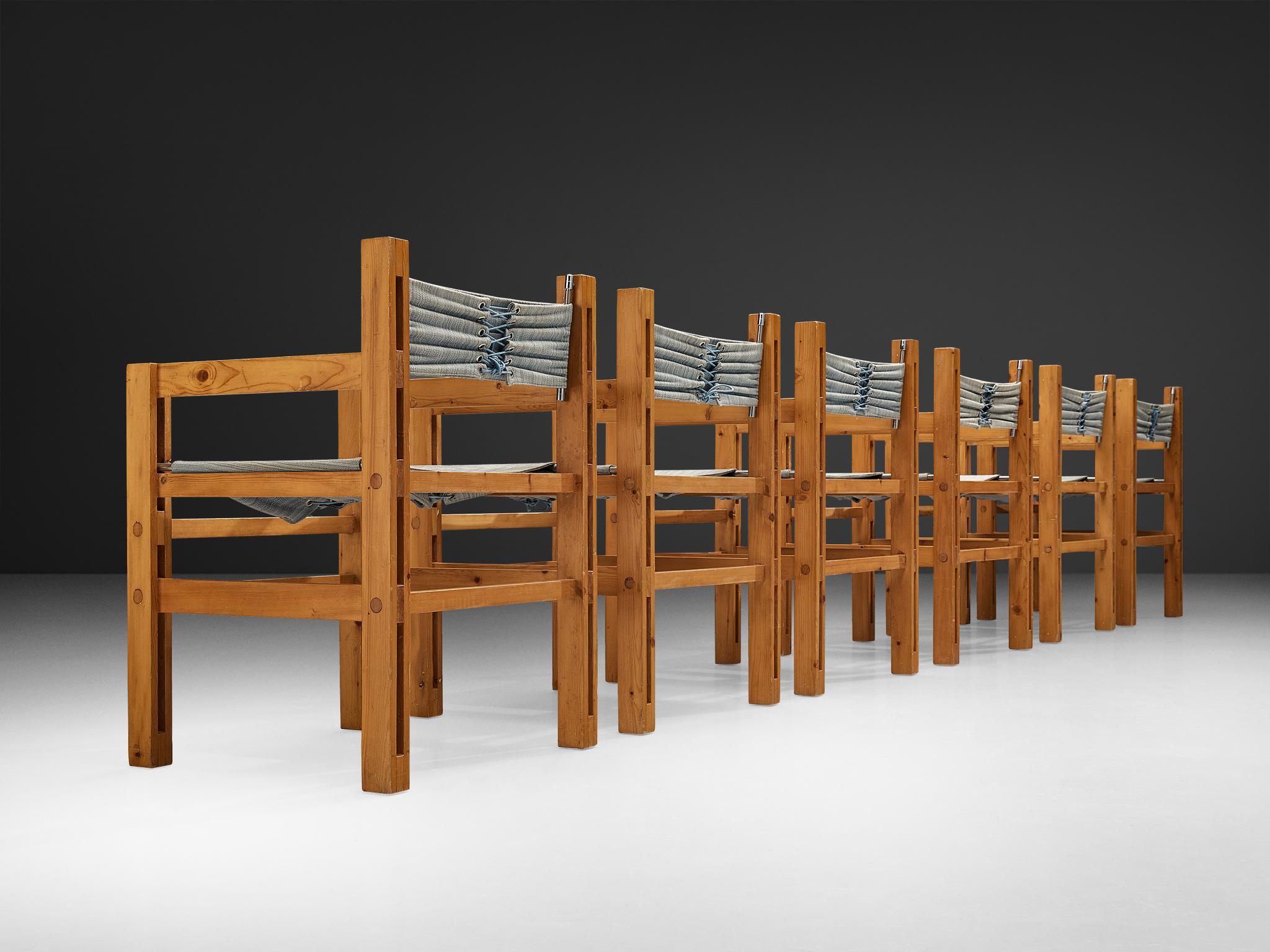 Italian Set of Six Armchairs in Pine with Light Blue Laced Backrest In Good Condition For Sale In Waalwijk, NL