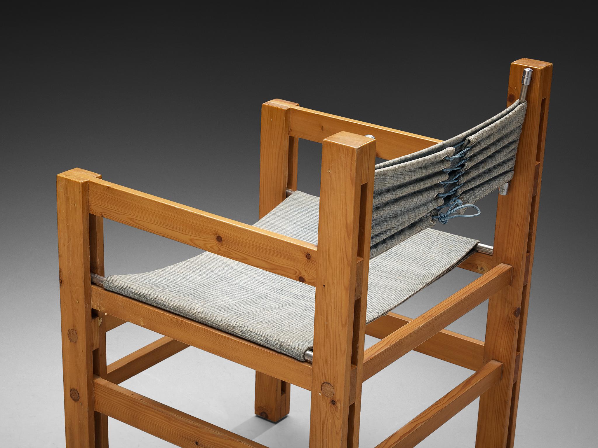 Late 20th Century Italian Set of Six Armchairs in Pine with Light Blue Laced Backrest For Sale