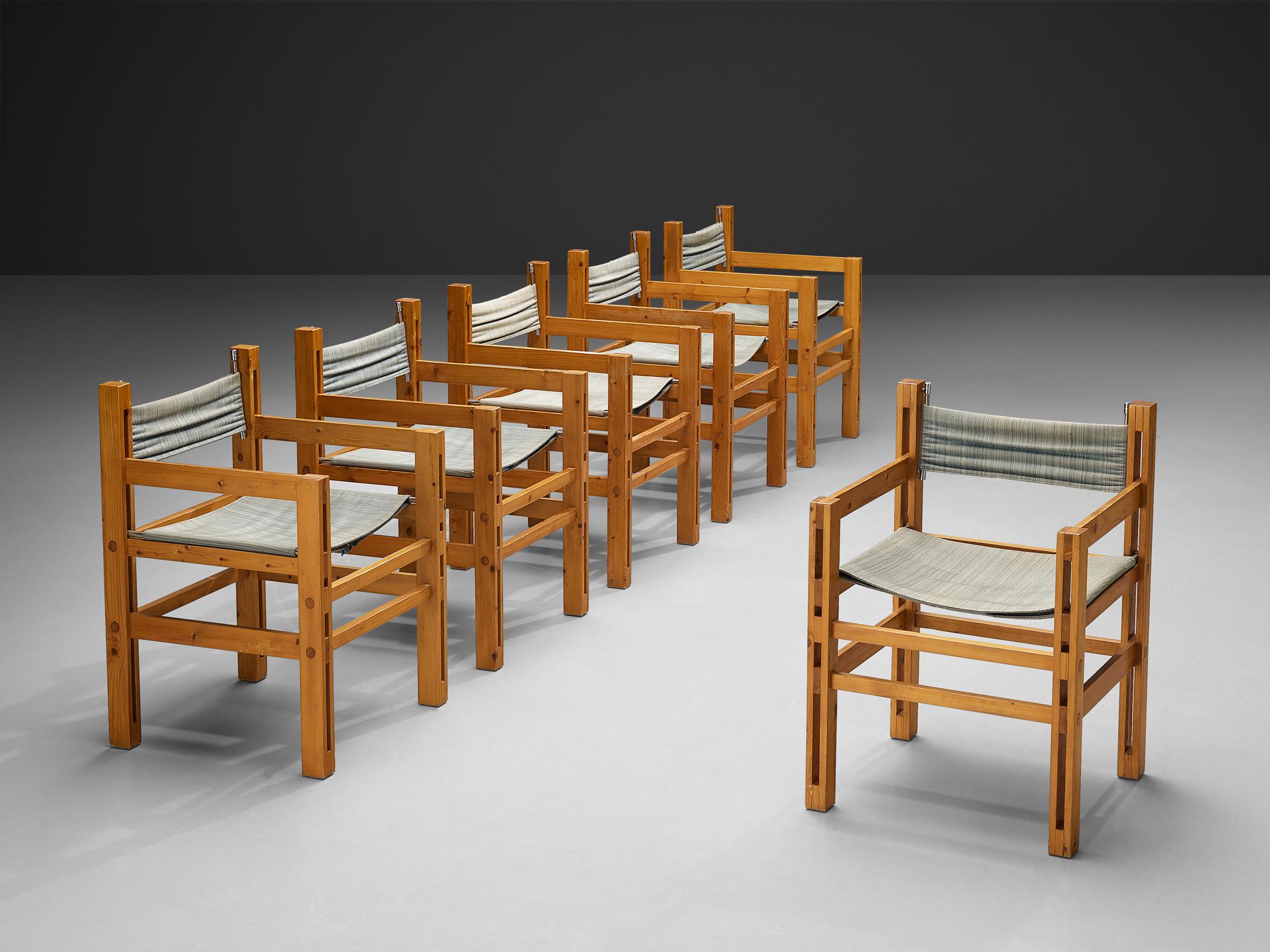 Fabric Italian Set of Six Armchairs in Pine with Light Blue Laced Backrest For Sale