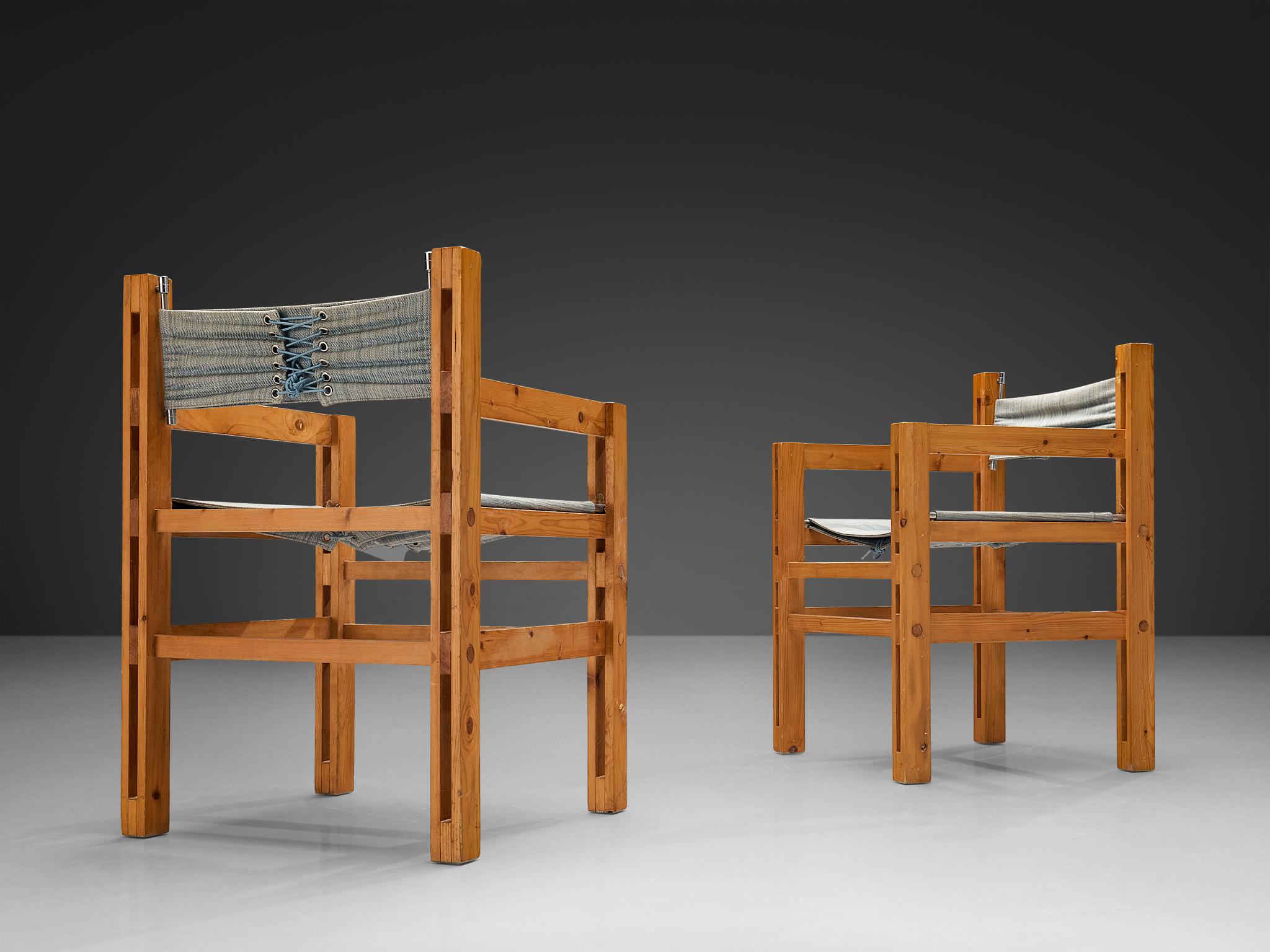 Italian Set of Six Armchairs in Pine with Light Blue Laced Backrest For Sale 1