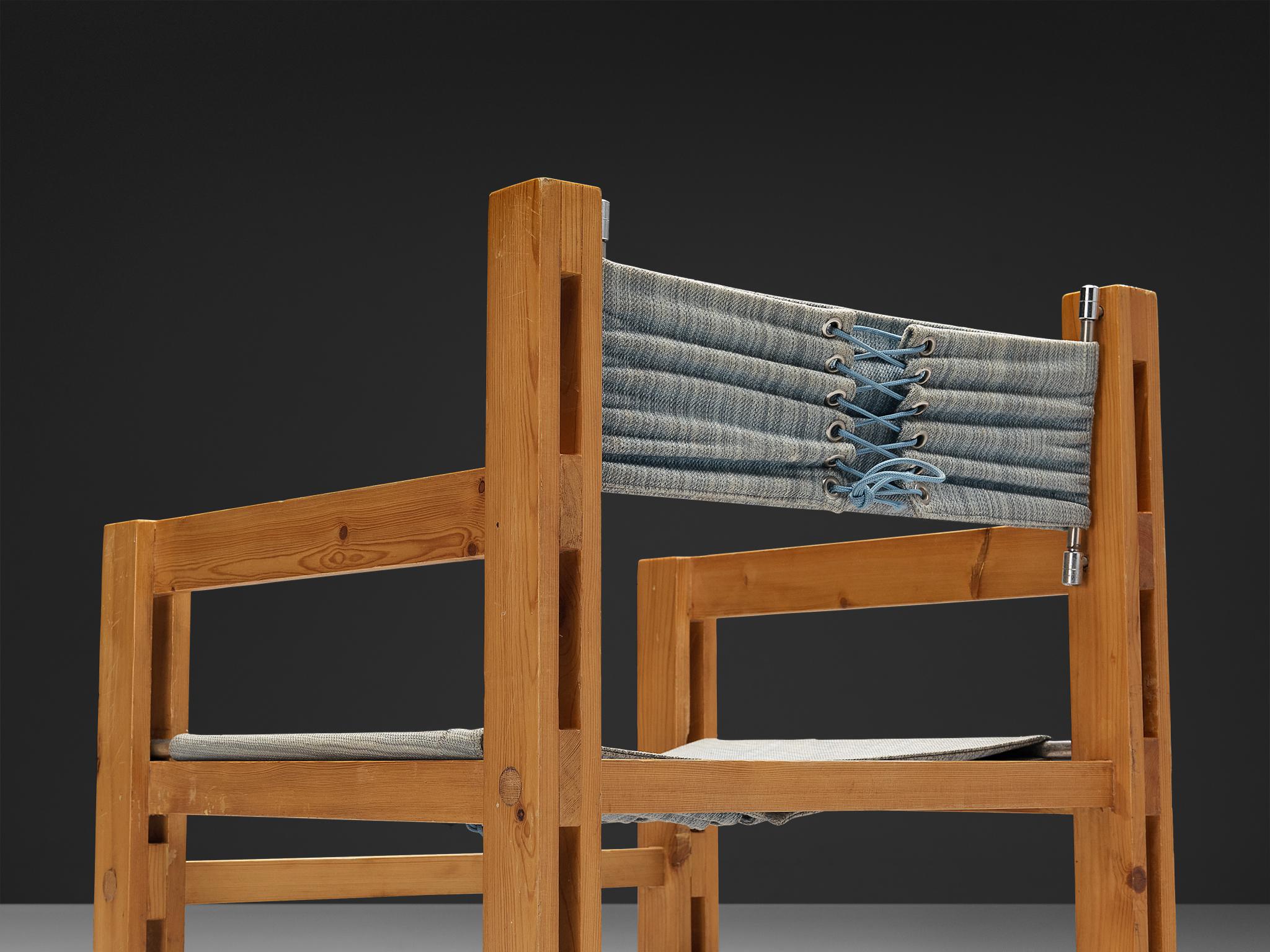 Italian Set of Six Armchairs in Pine with Light Blue Laced Backrest For Sale 2