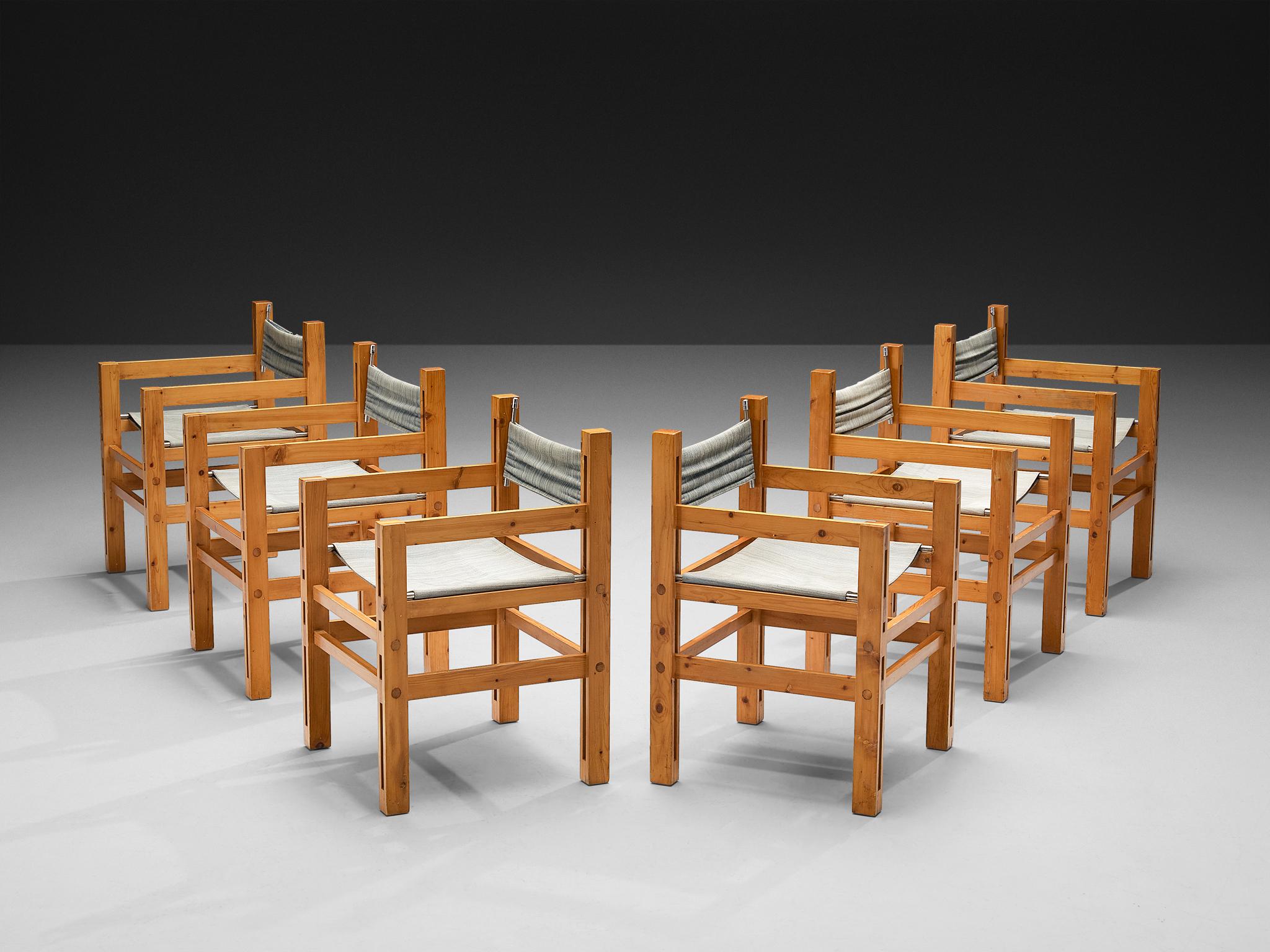 Italian Set of Six Armchairs in Pine with Light Blue Laced Backrest For Sale 3