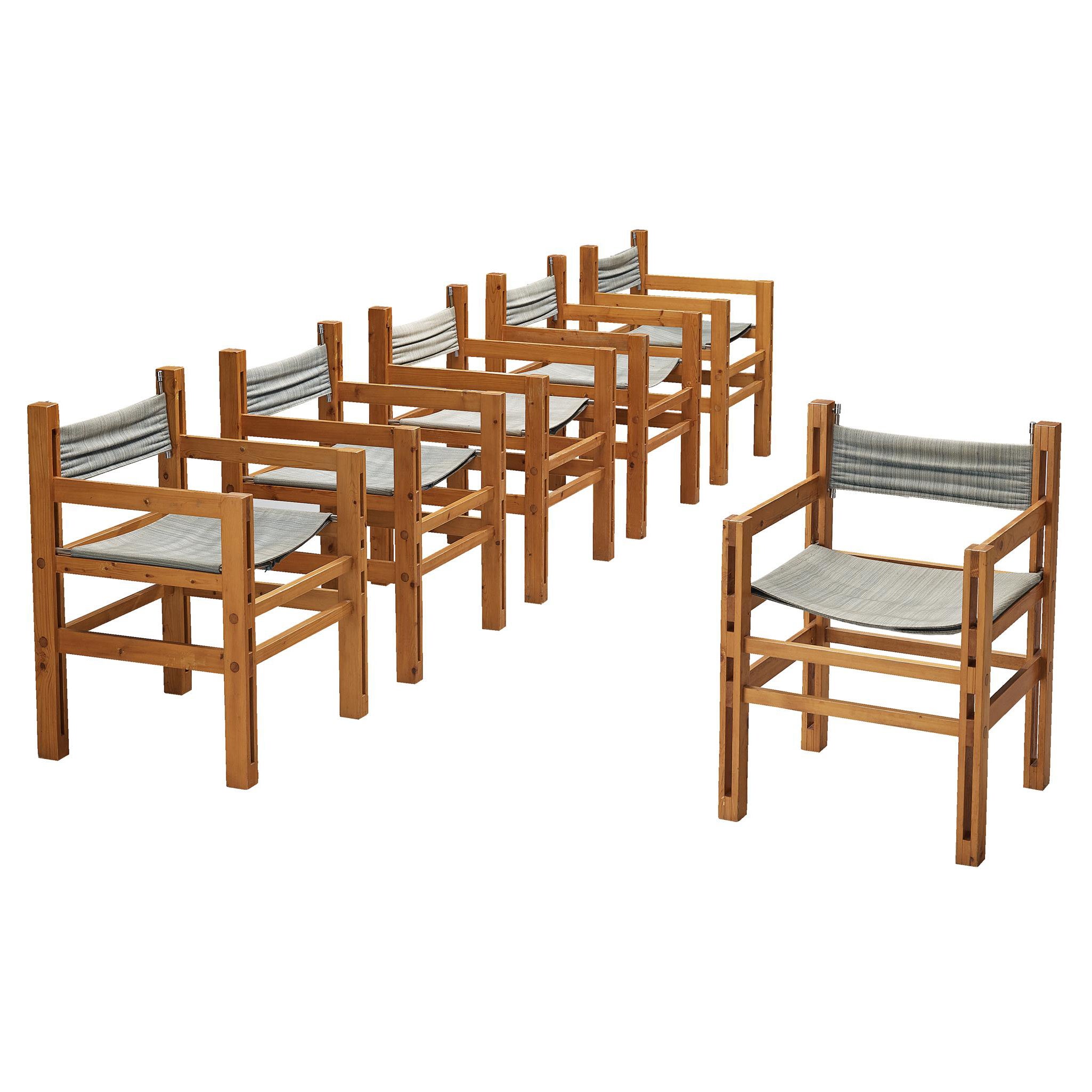 Italian Set of Six Armchairs in Pine with Light Blue Laced Backrest For Sale