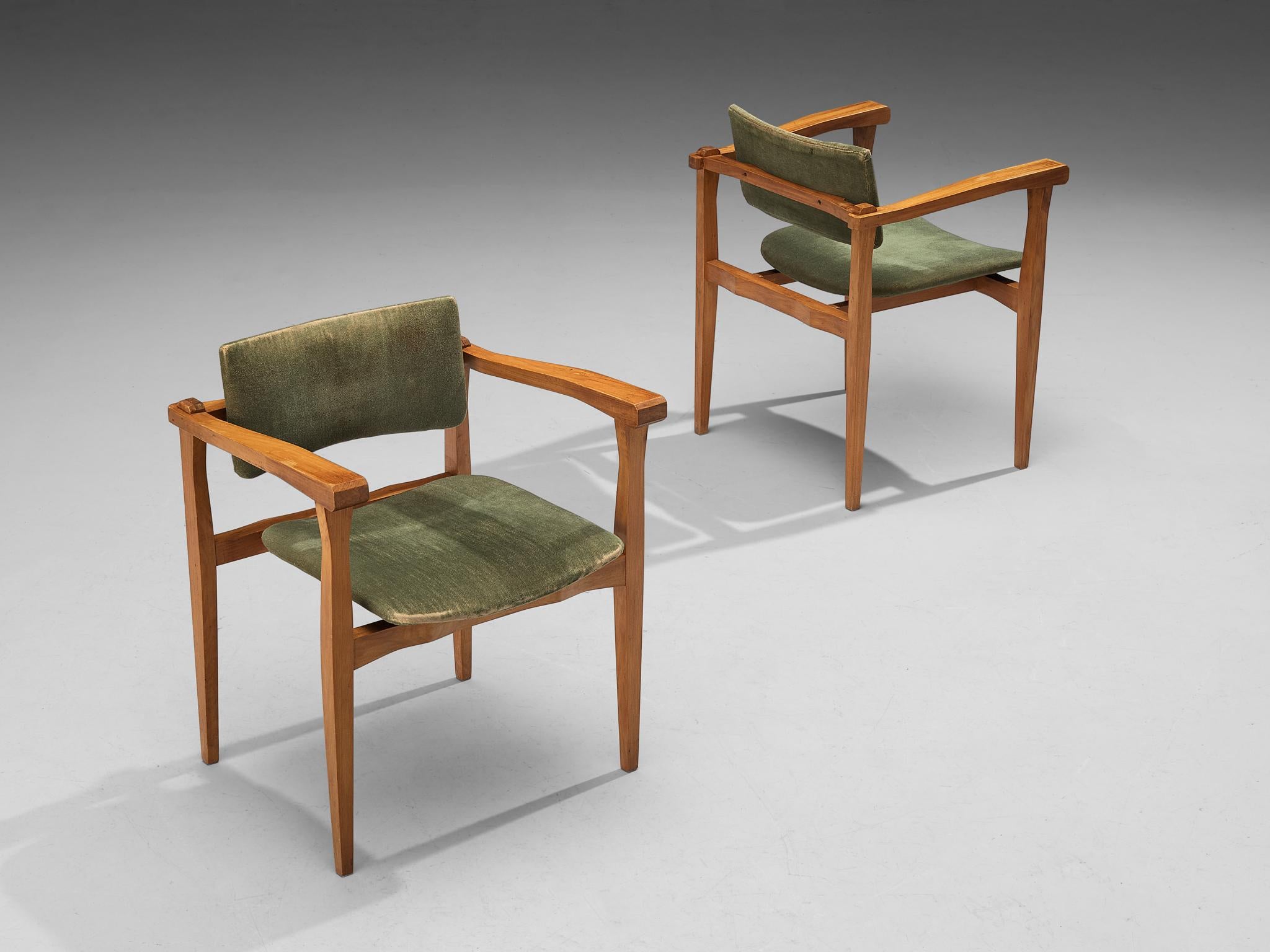 Mid-Century Modern Italian Set of Six Armchairs in Walnut and Olive Green Velvet For Sale