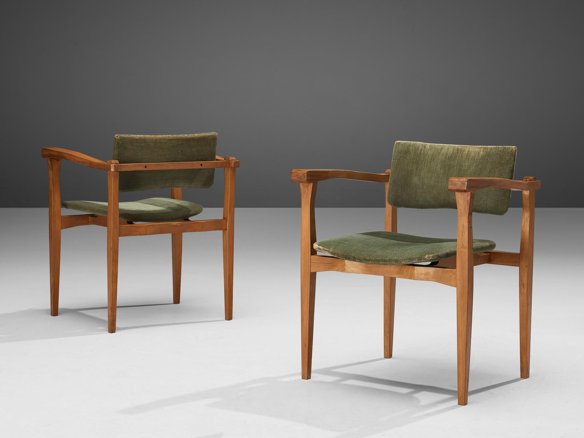 Mid-20th Century Italian Set of Six Armchairs in Walnut and Olive Green Velvet For Sale