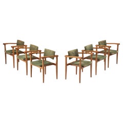 Italian Set of Six Armchairs in Walnut and Olive Green Velvet