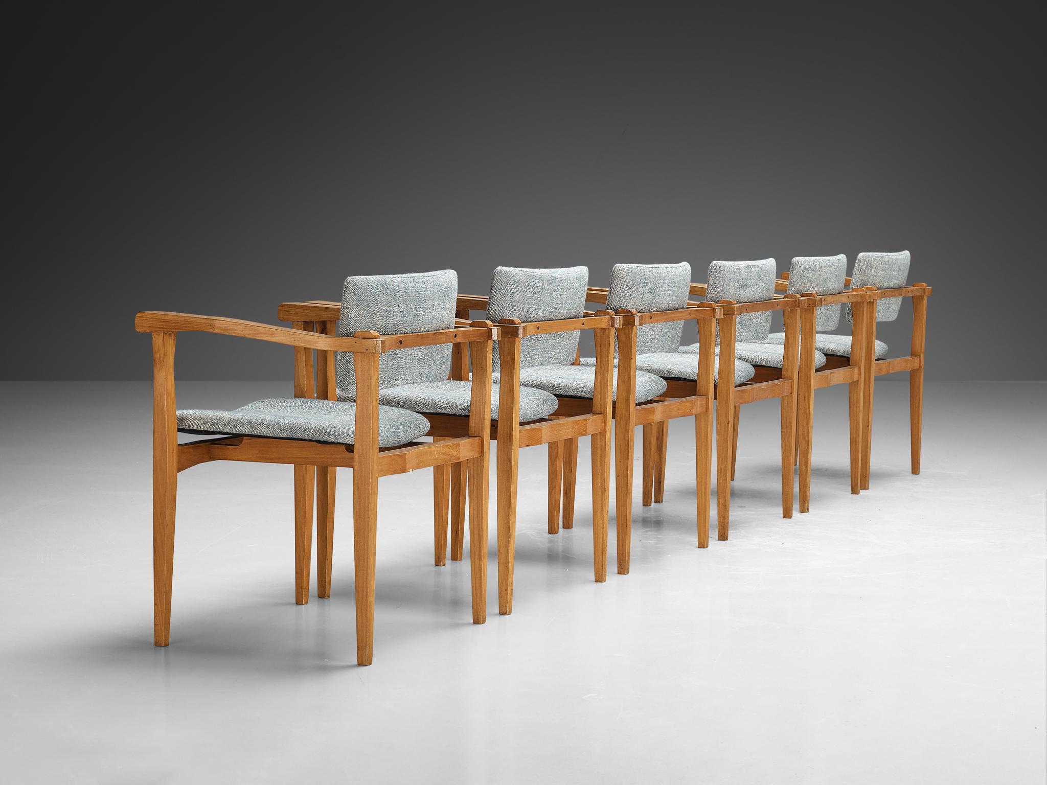 Mid-20th Century Italian Set of Six Armchairs in Walnut and Pierre Frey Upholstery  For Sale