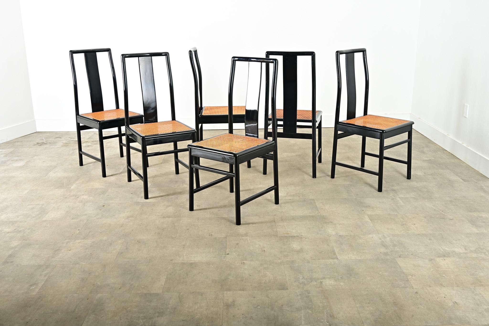 Set italiano di sei sedie da pranzo in canna ed ebanizzate in vendita 1