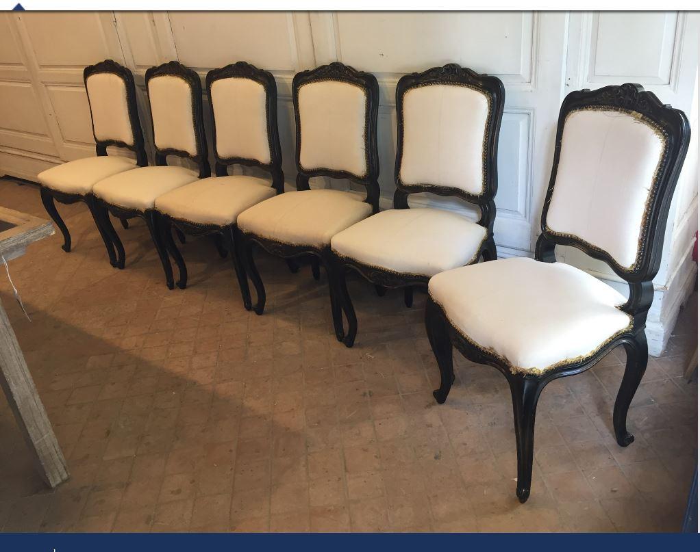 Italian set of six carved ebonized chairs with fabric from 1890s.