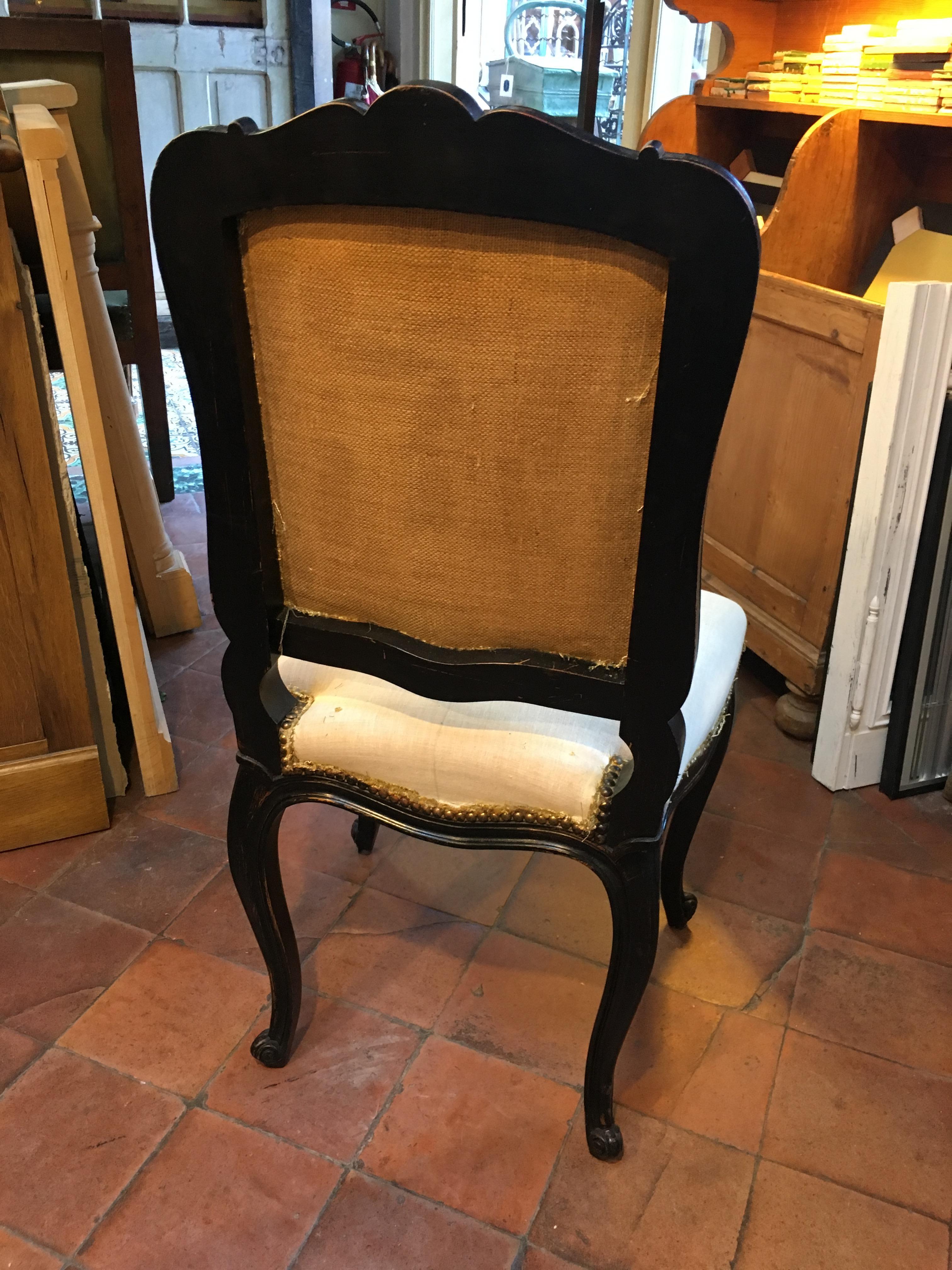 Late 19th Century Italian Set of Six Carved Ebonized Chairs with Fabric from 1890s