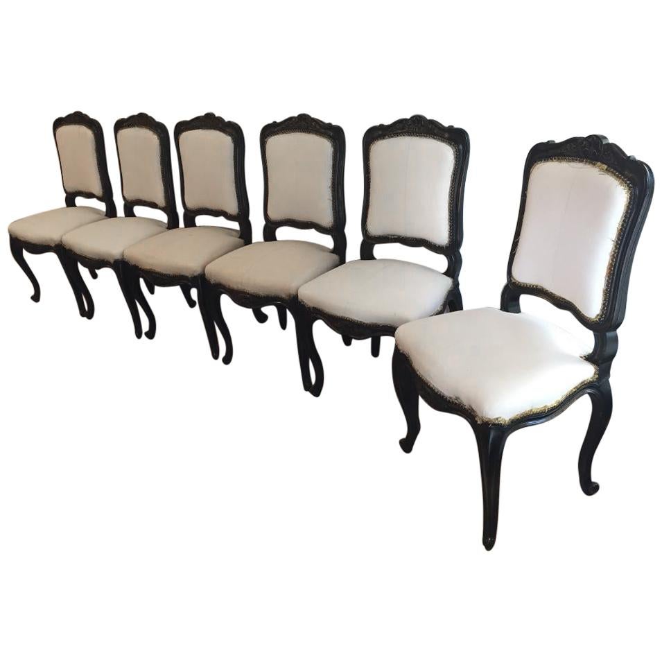 Italian Set of Six Carved Ebonized Chairs with Fabric from 1890s