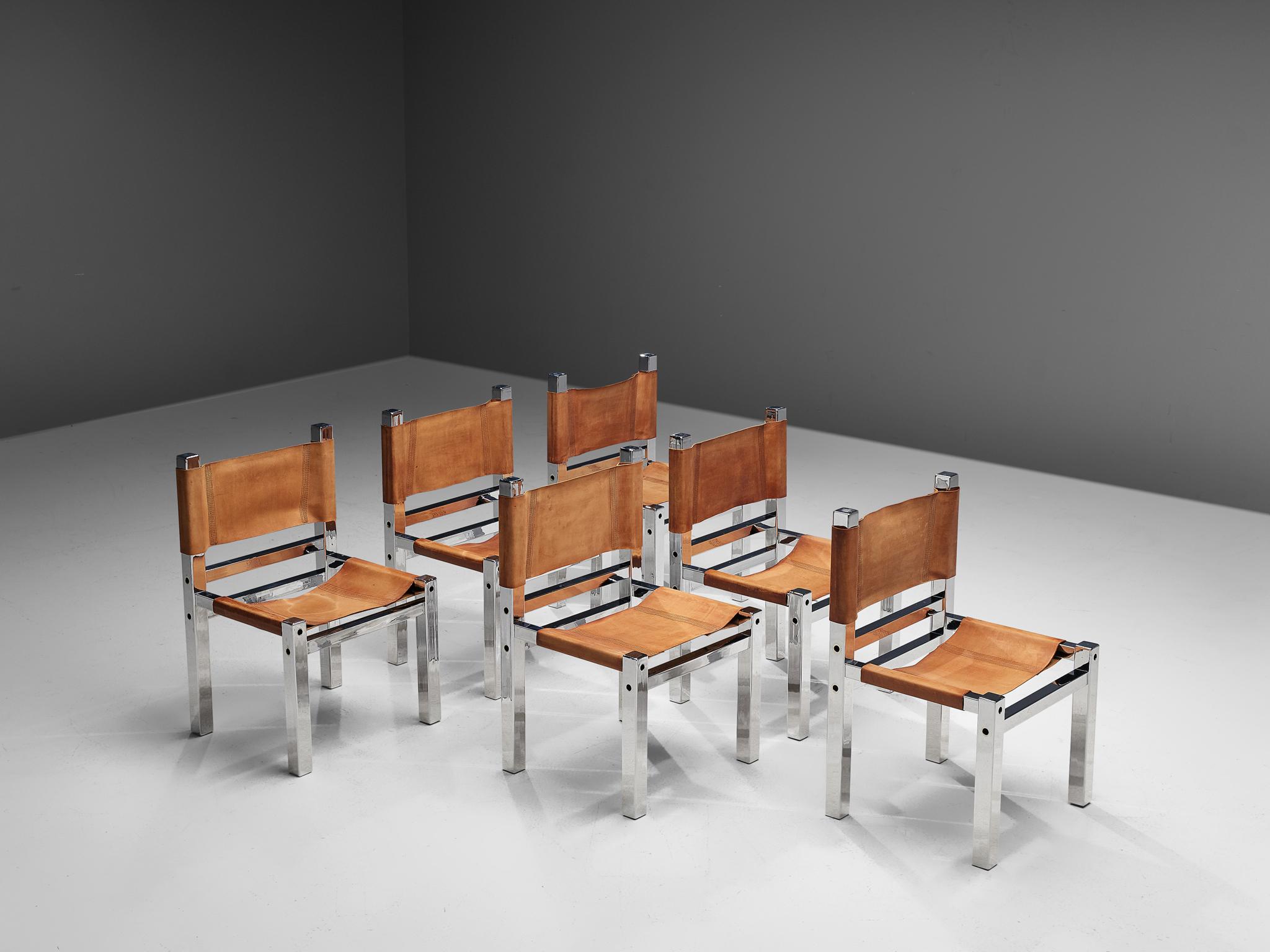 Set of six dining chairs, chromed metal and leather, Italy, 1970s

An extravagant set of dining chairs, featuring a sturdy and robust frame metal of chromed metal. The frame consists of thick square tubes that makes the chairs very stabile and