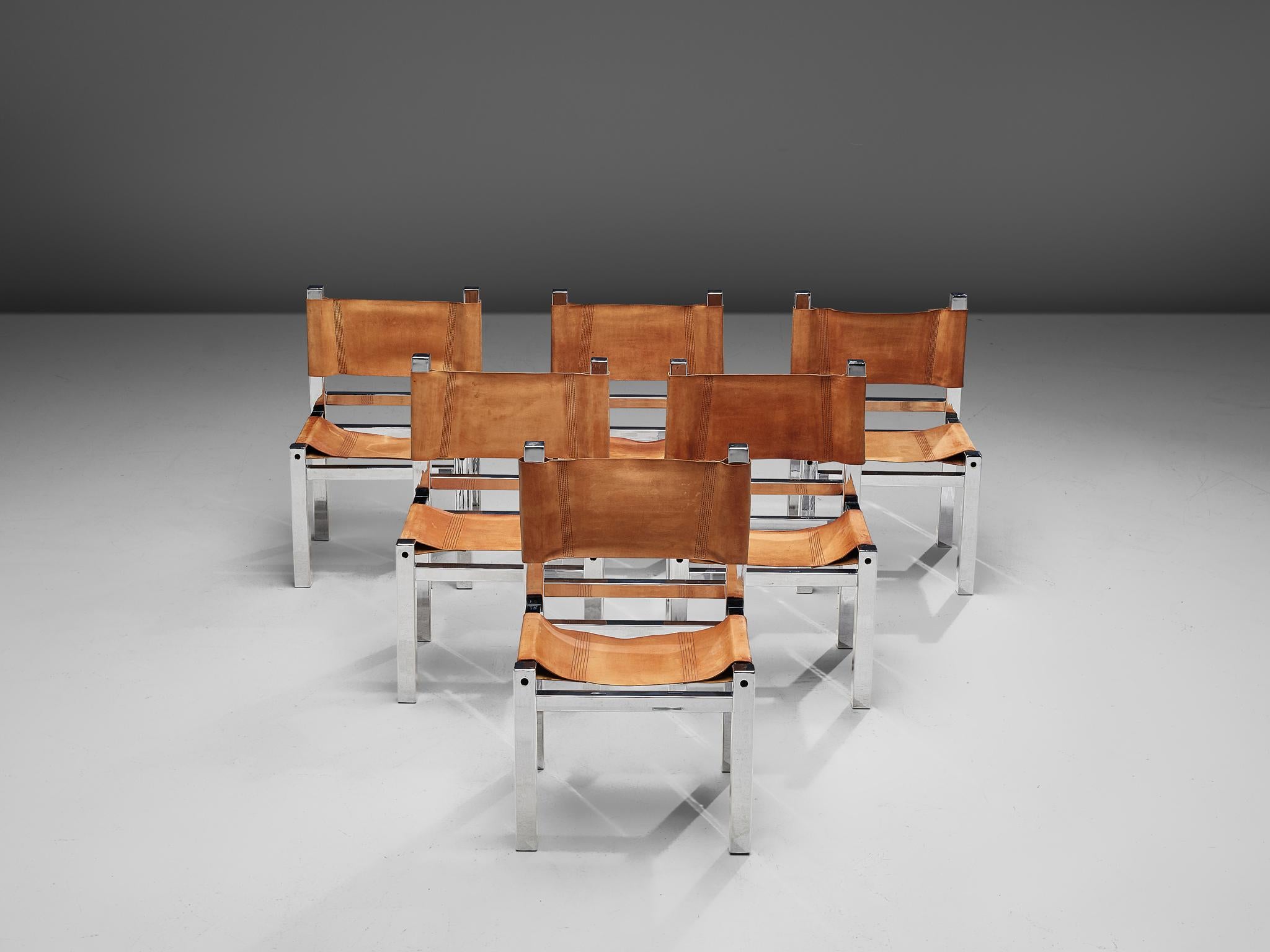 Mid-Century Modern Italian Set of Six Chairs in Chromed Metal and Cognac Leather